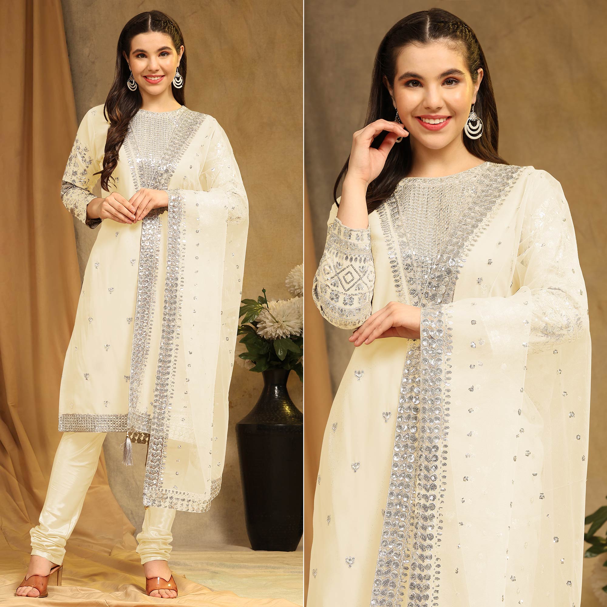 Cream Sequins Embroidered Georgette Semi Stitched Salwar Suit