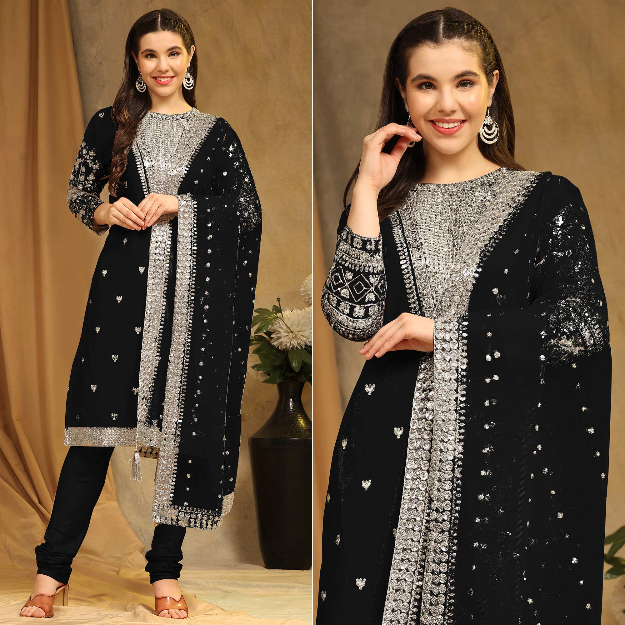 Black Sequins Embroidered Georgette Semi Stitched Salwar Suit