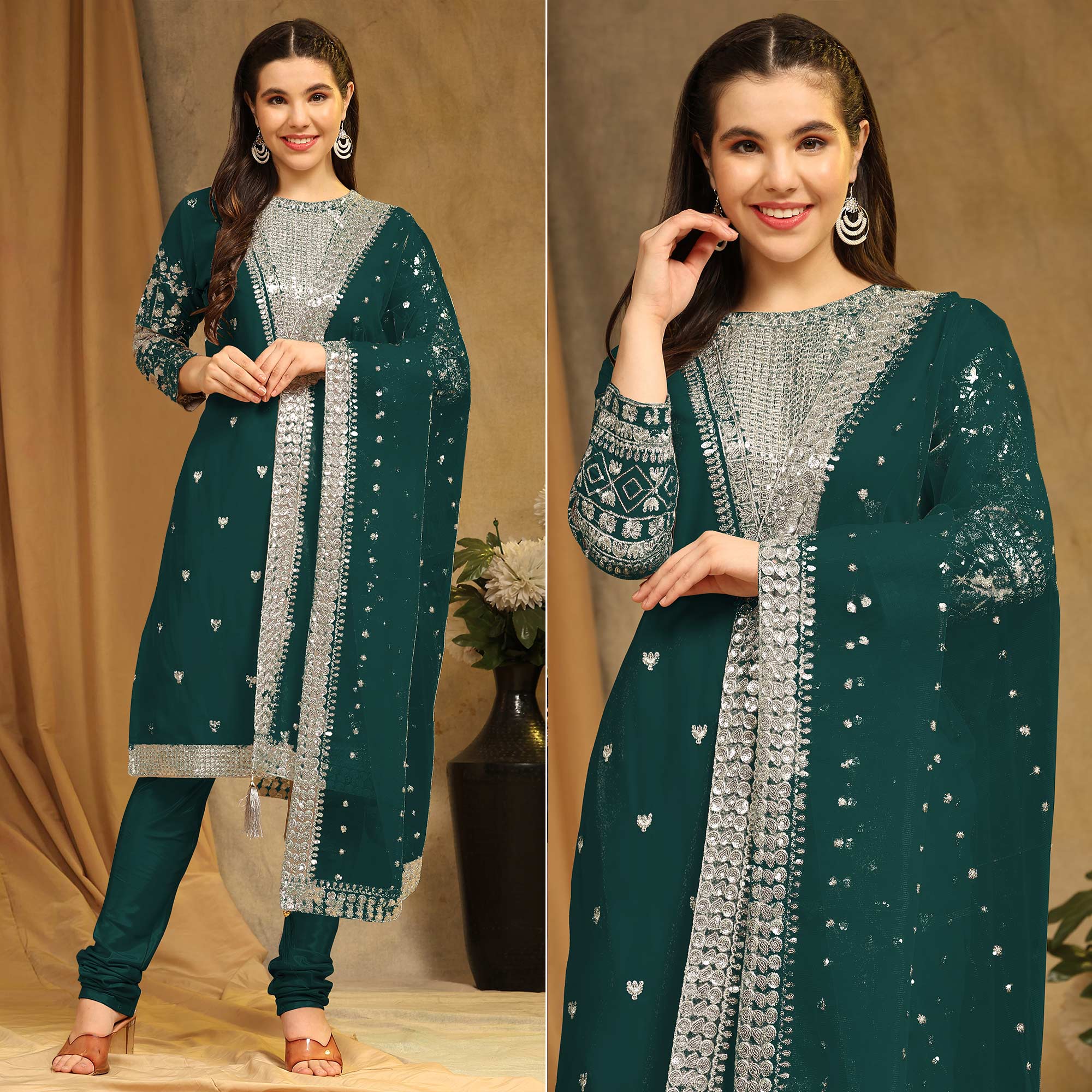 Rama Green Sequins Embroidered Georgette Semi Stitched Salwar Suit