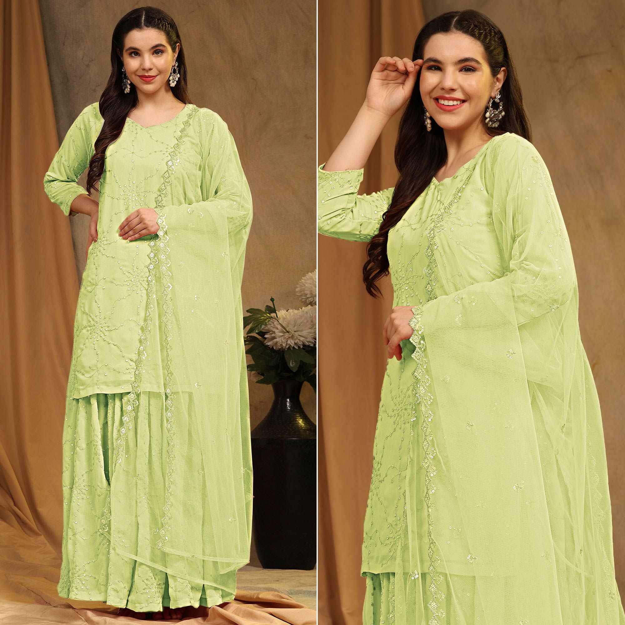 Parrot Green Embroidered Georgette Semi Stitched Sharara Suit