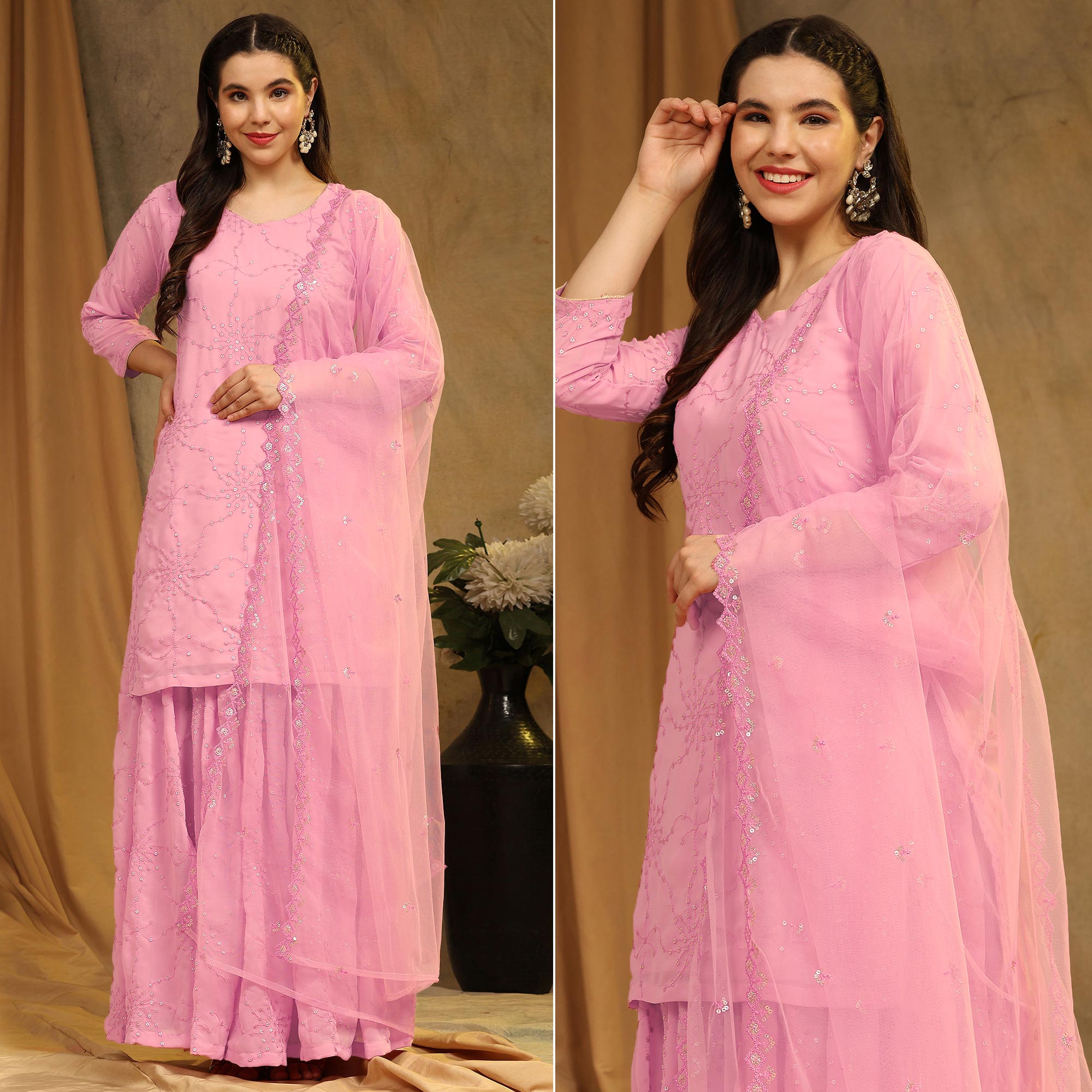 Pink Embroidered Georgette Semi Stitched Sharara Suit