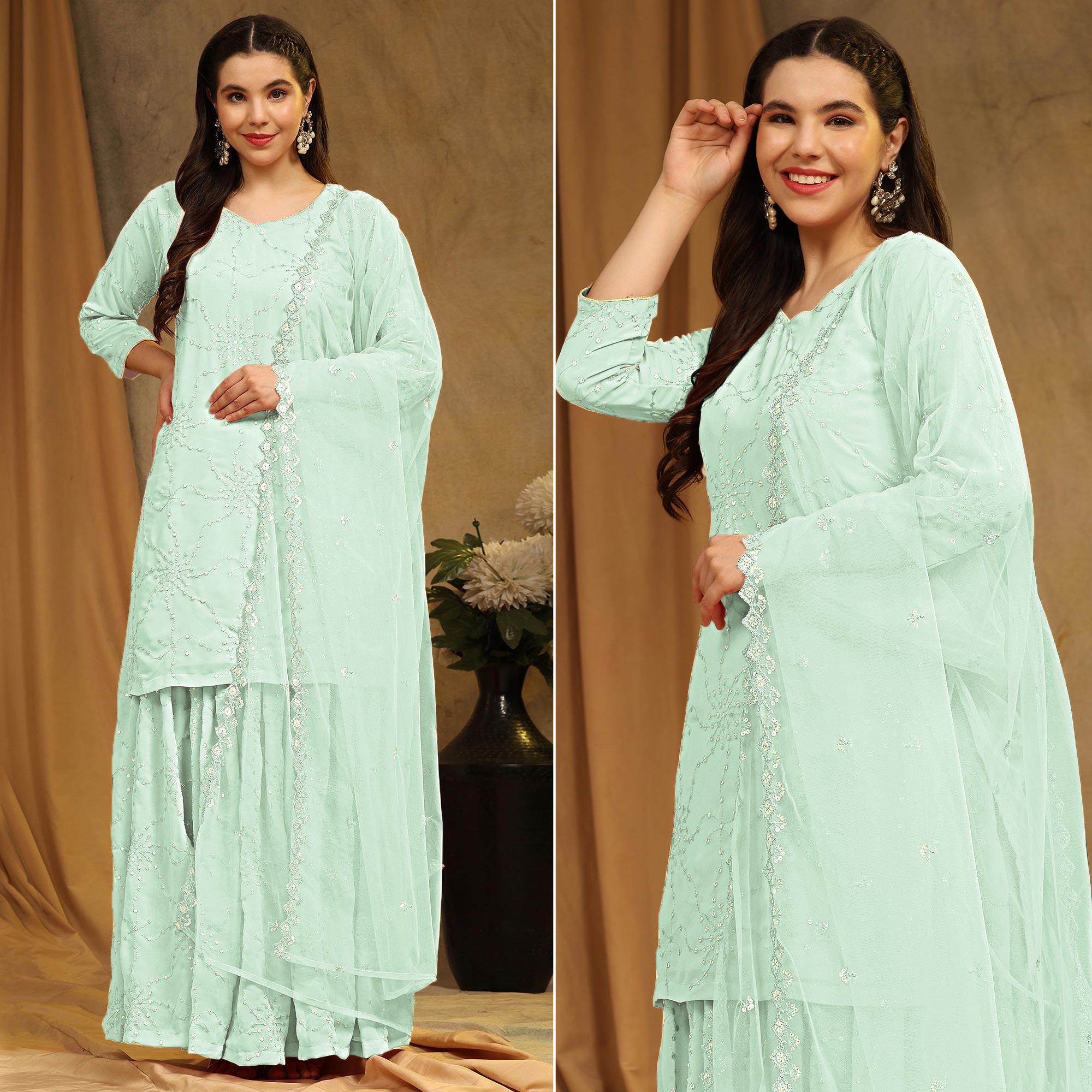 Green Embroidered Georgette Semi Stitched Sharara Suit