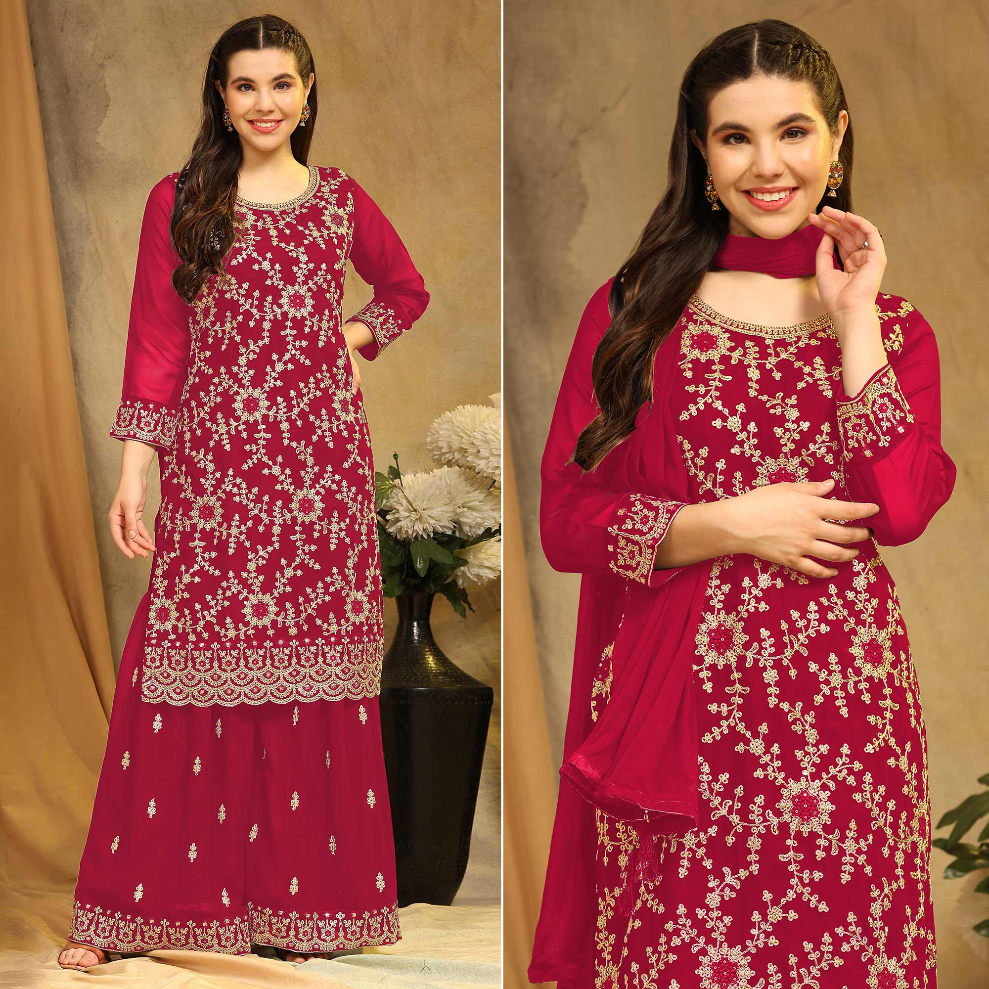 Pink Floral Embroidered Georgette Semi Stitched Suit