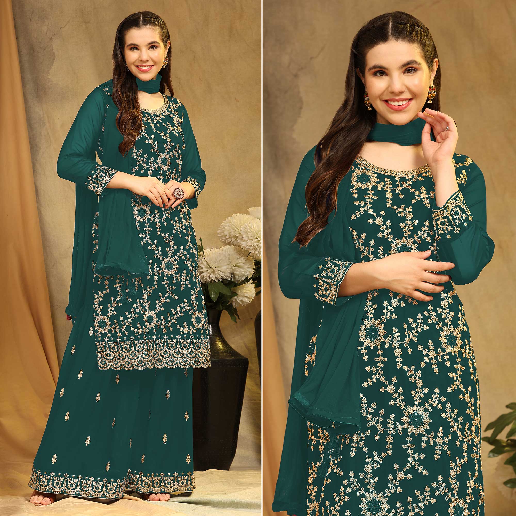 Green Floral Embroidered Georgette Semi Stitched Suit
