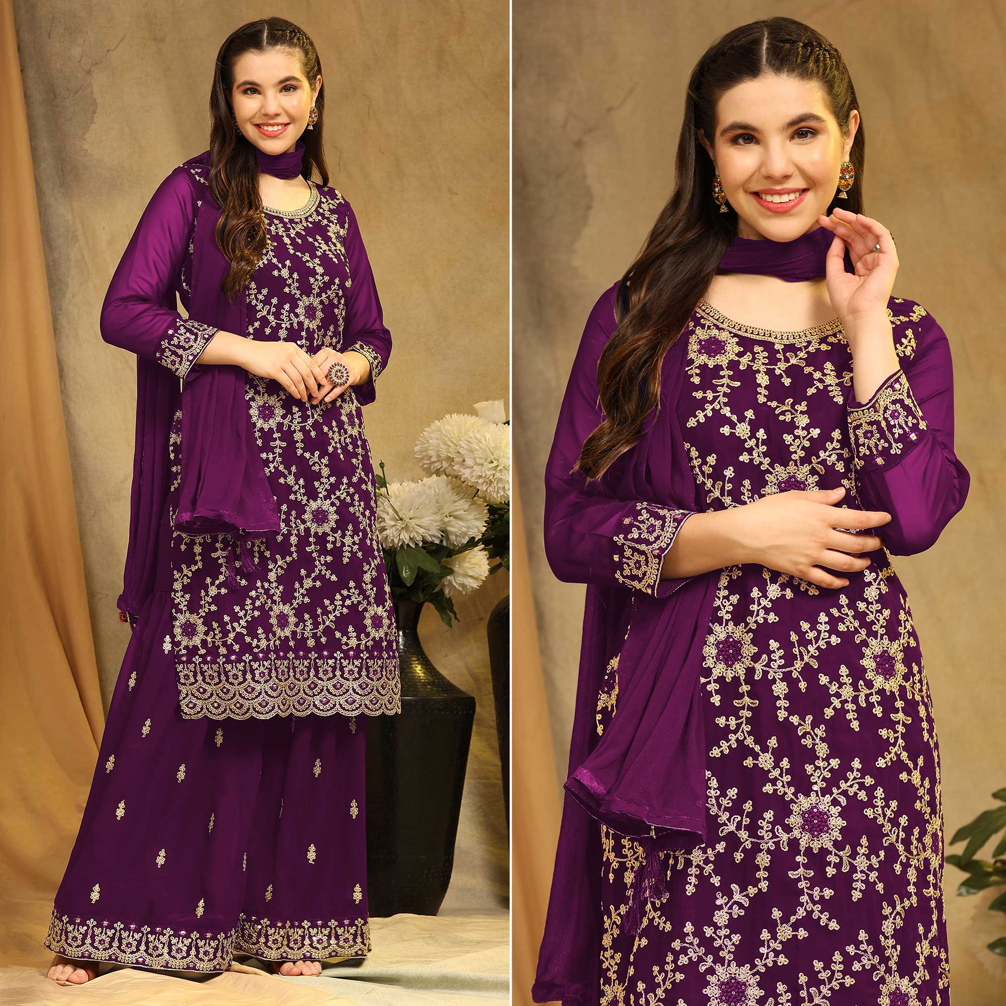 Purple Floral Embroidered Georgette Semi Stitched Suit