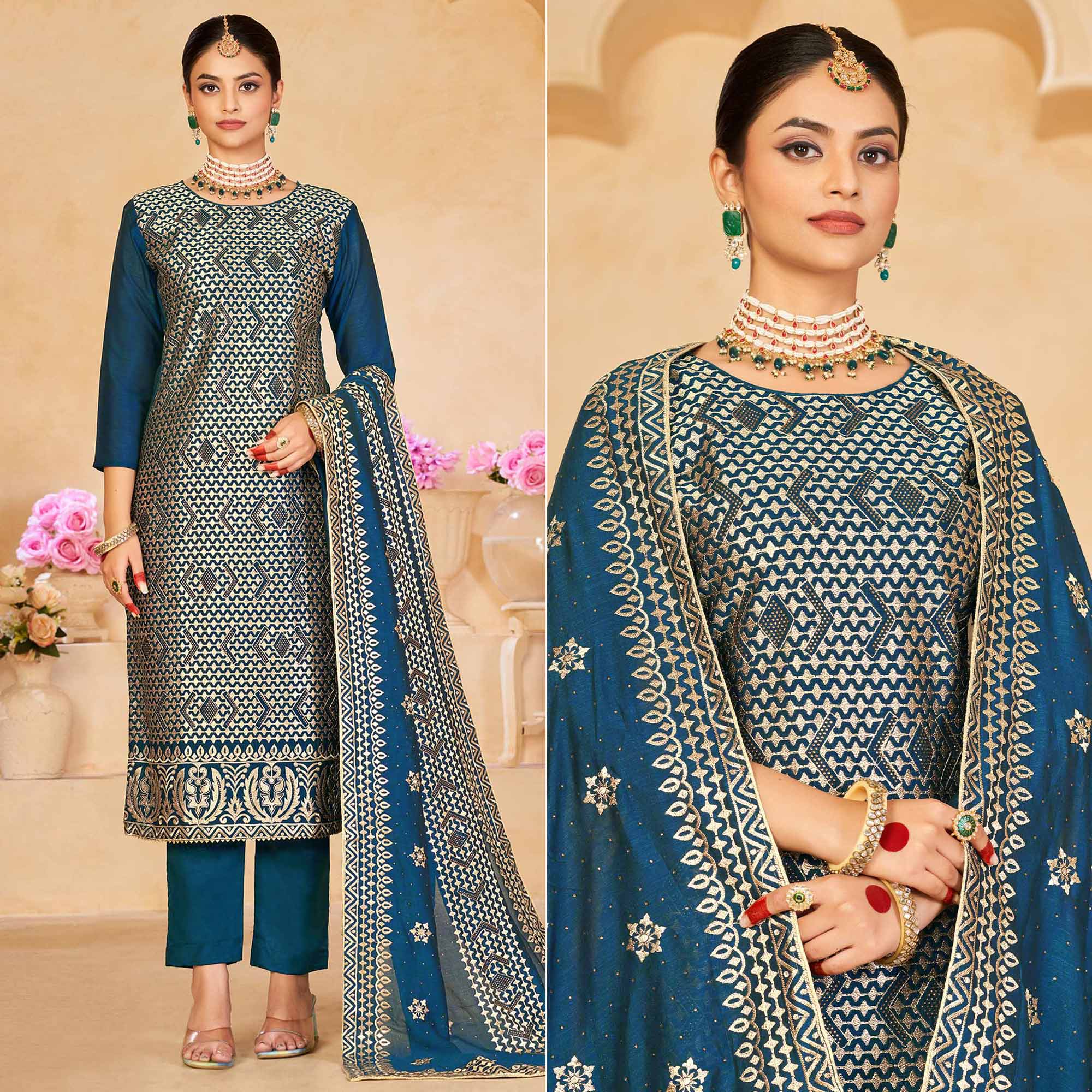 Teal Blue Embroidered With Swarovski Work Vichitra Silk Semi Stitched Salwar Suit