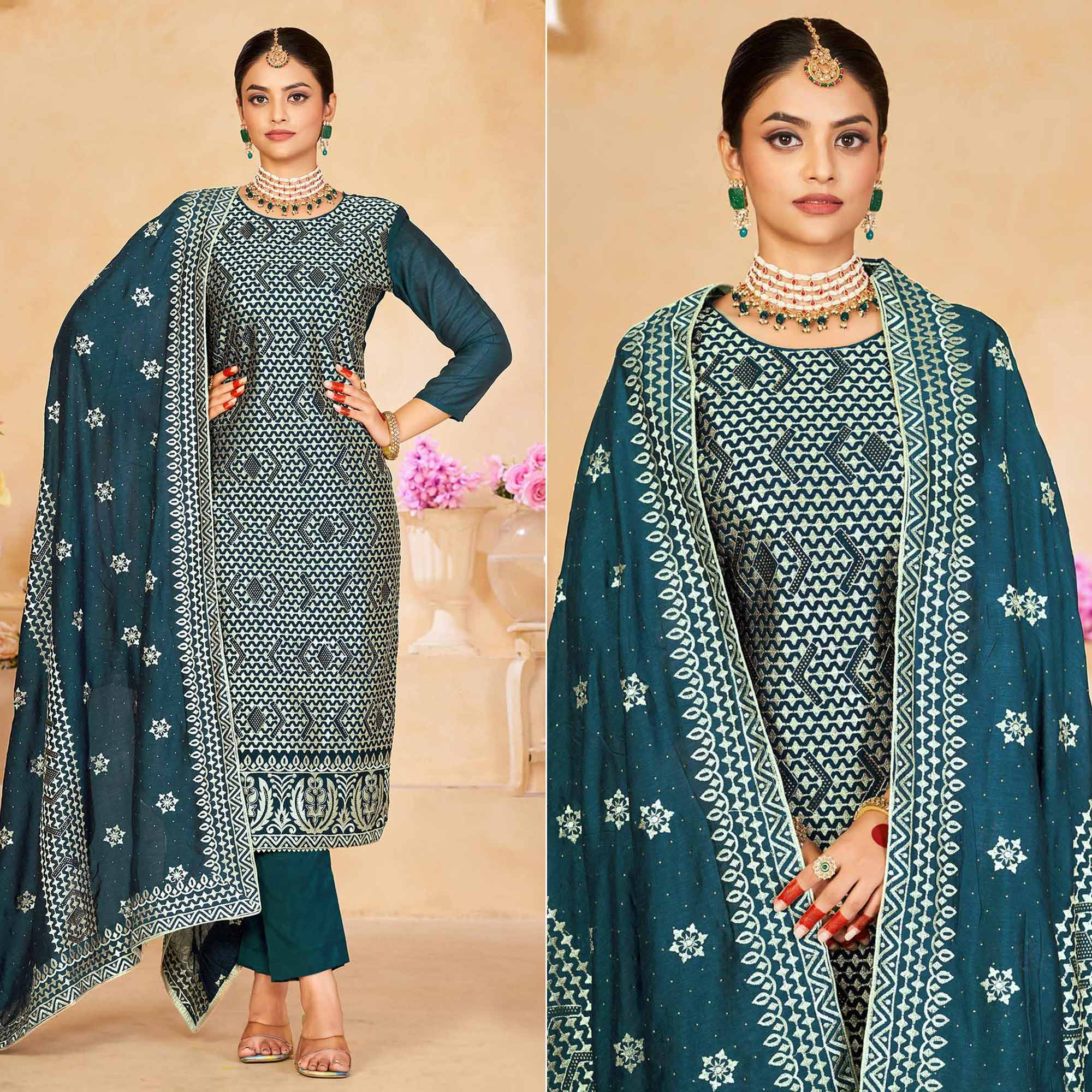 Teal Green Embroidered With Swarovski Work Vichitra Silk Semi Stitched Salwar Suit