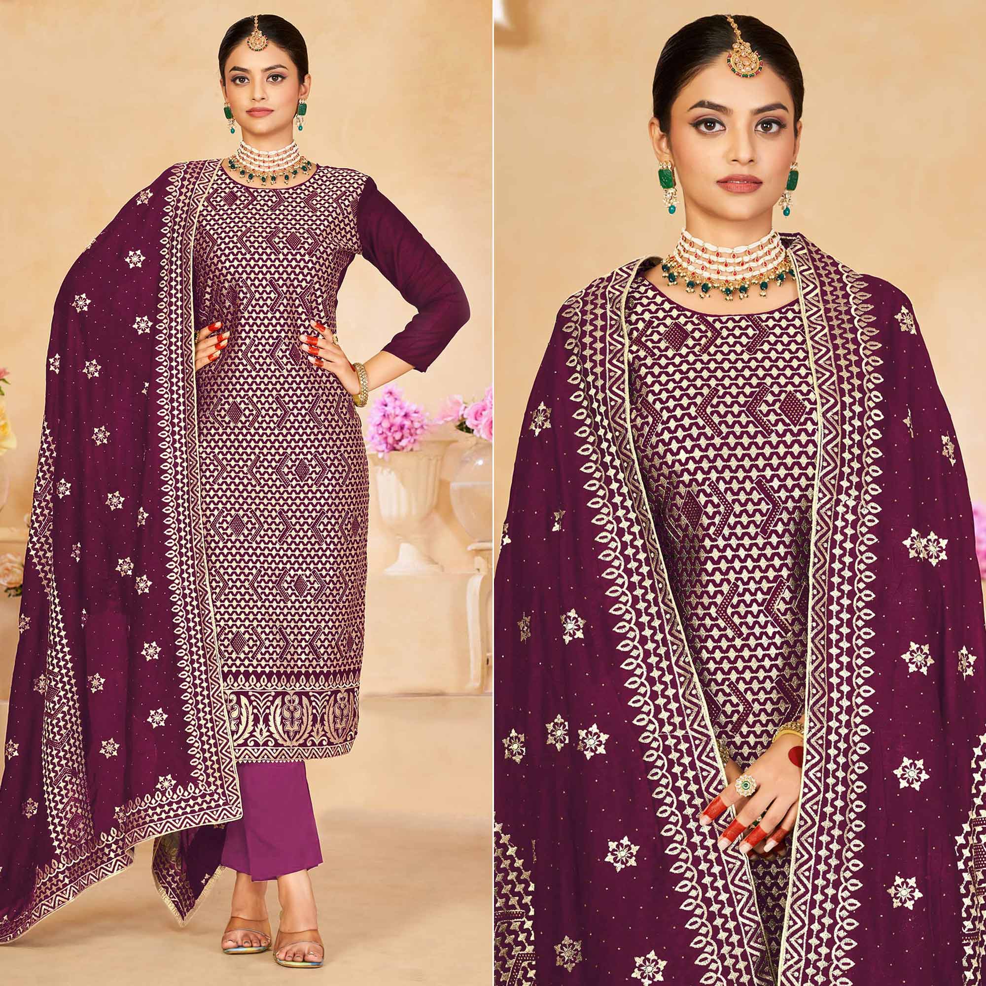 Wine Embroidered With Swarovski Work Vichitra Silk Semi Stitched Salwar Suit
