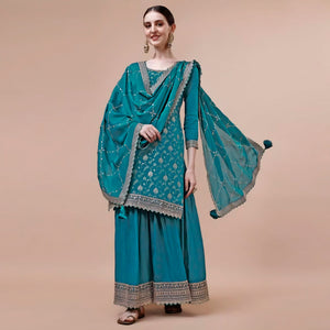 Rama Blue Floral Zari Woven Chinon Semi Stitched Dress Material
