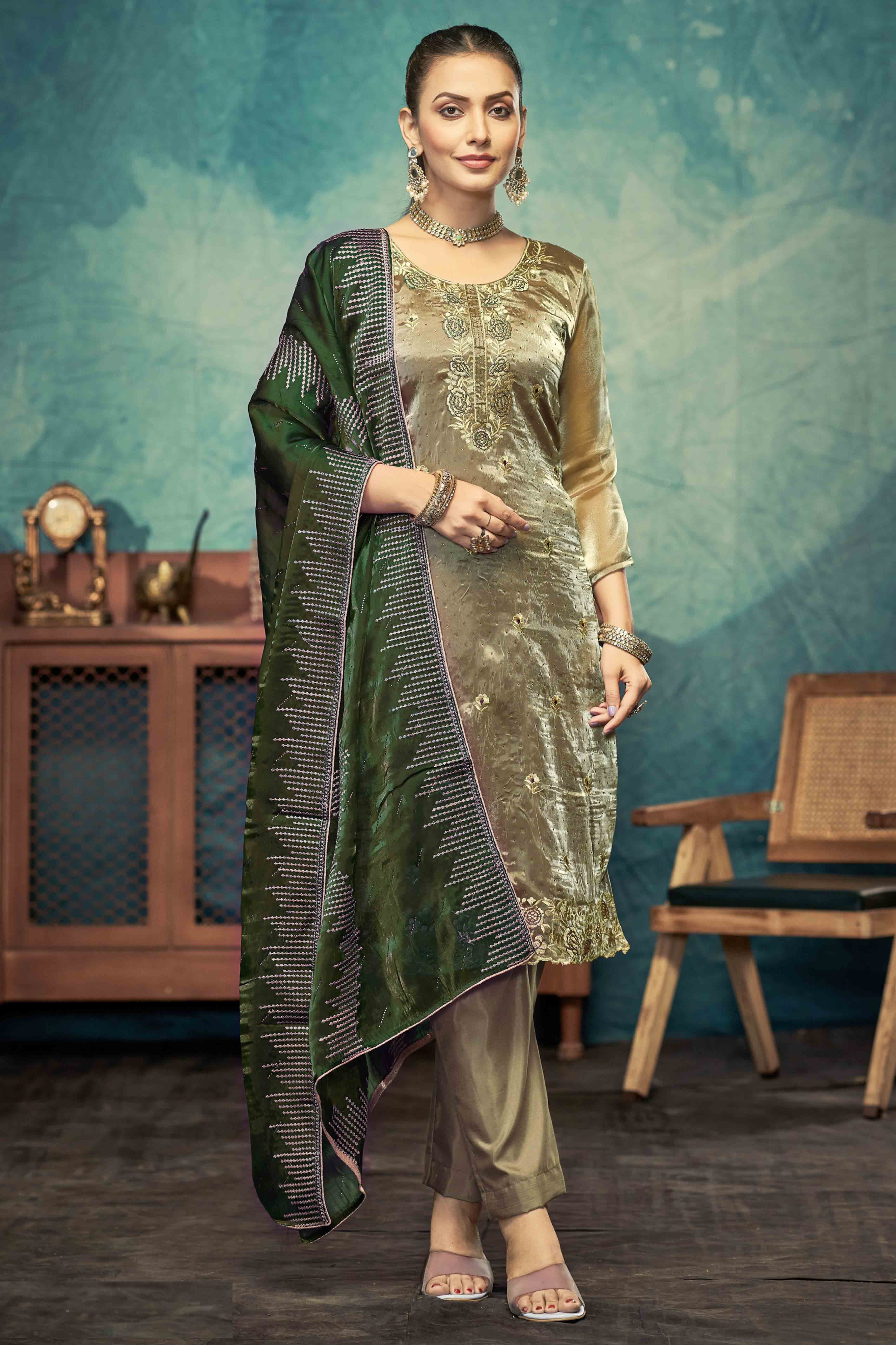 Green Floral Embroidery With Swarovski Work Jimmy Choo Tissue Semi Stitched Suit