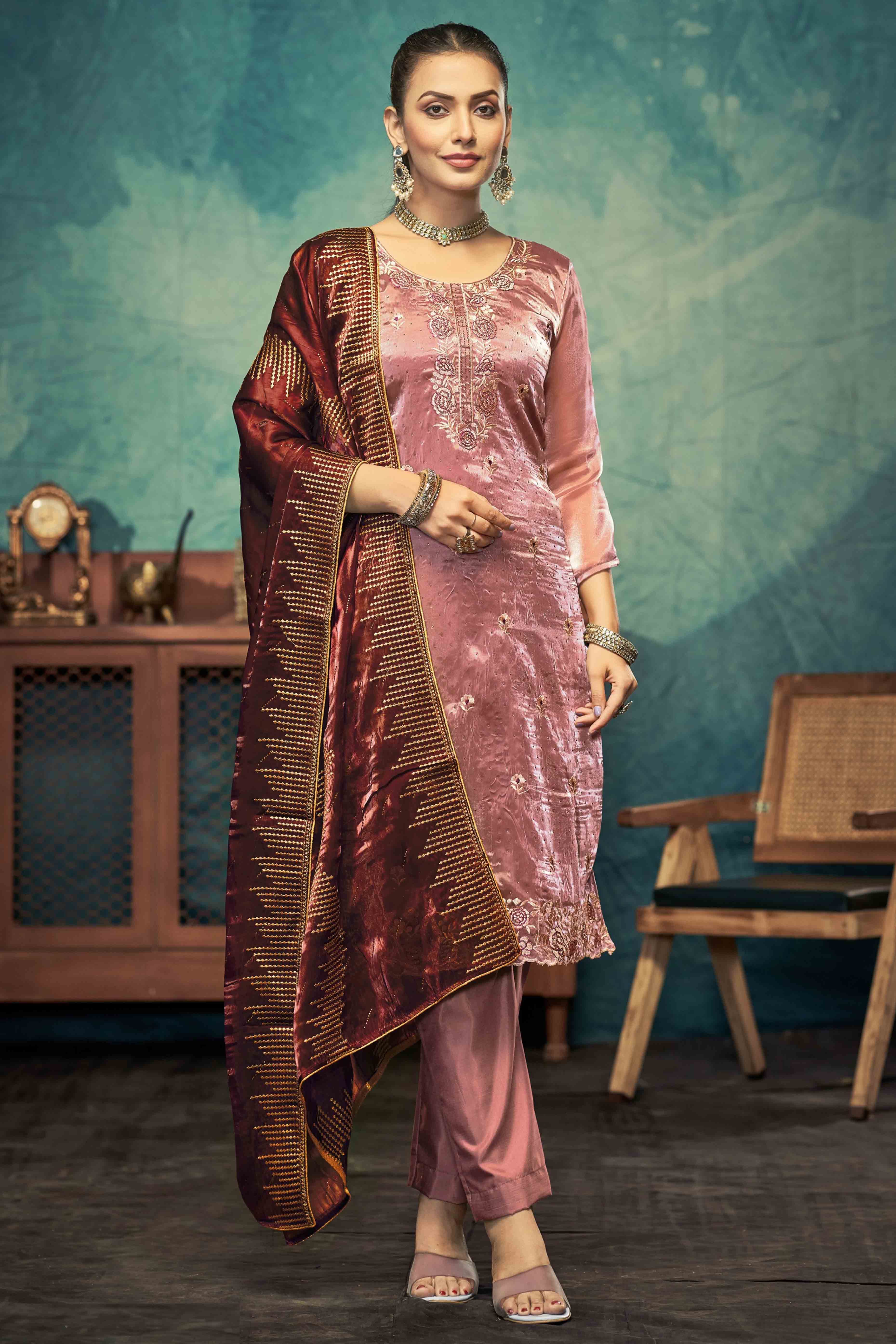 Dusty Rose Pink Floral Embroidery With Swarovski Work Jimmy Choo Tissue Semi Stitched Suit