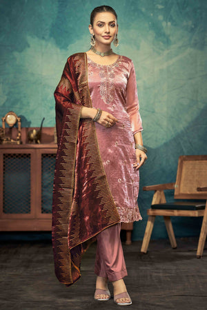 Dusty Rose Pink Floral Embroidery With Swarovski Work Jimmy Choo Tissue Semi Stitched Suit