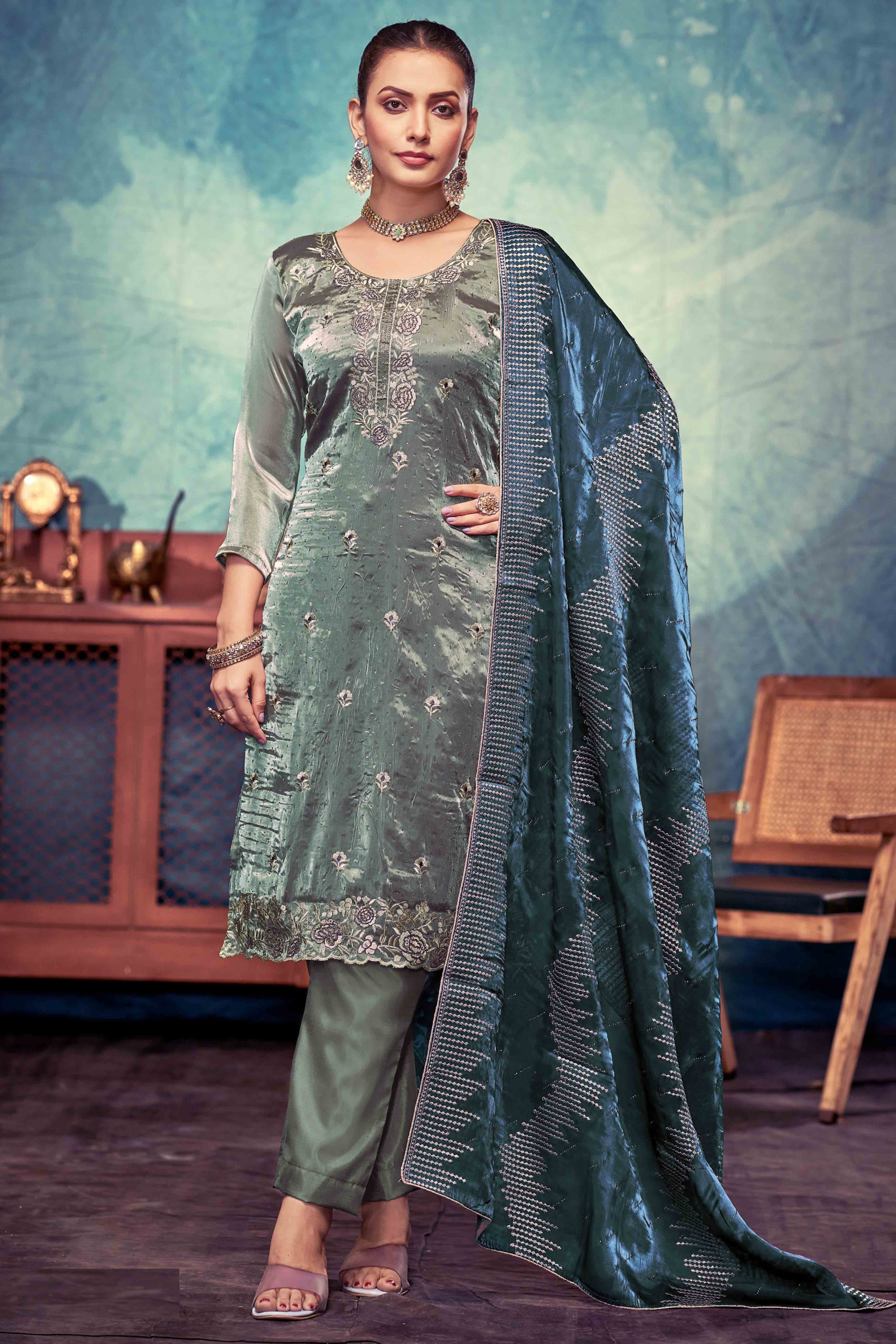 Turquoise Floral Embroidery With Swarovski Work Jimmy Choo Tissue Semi Stitched Suit