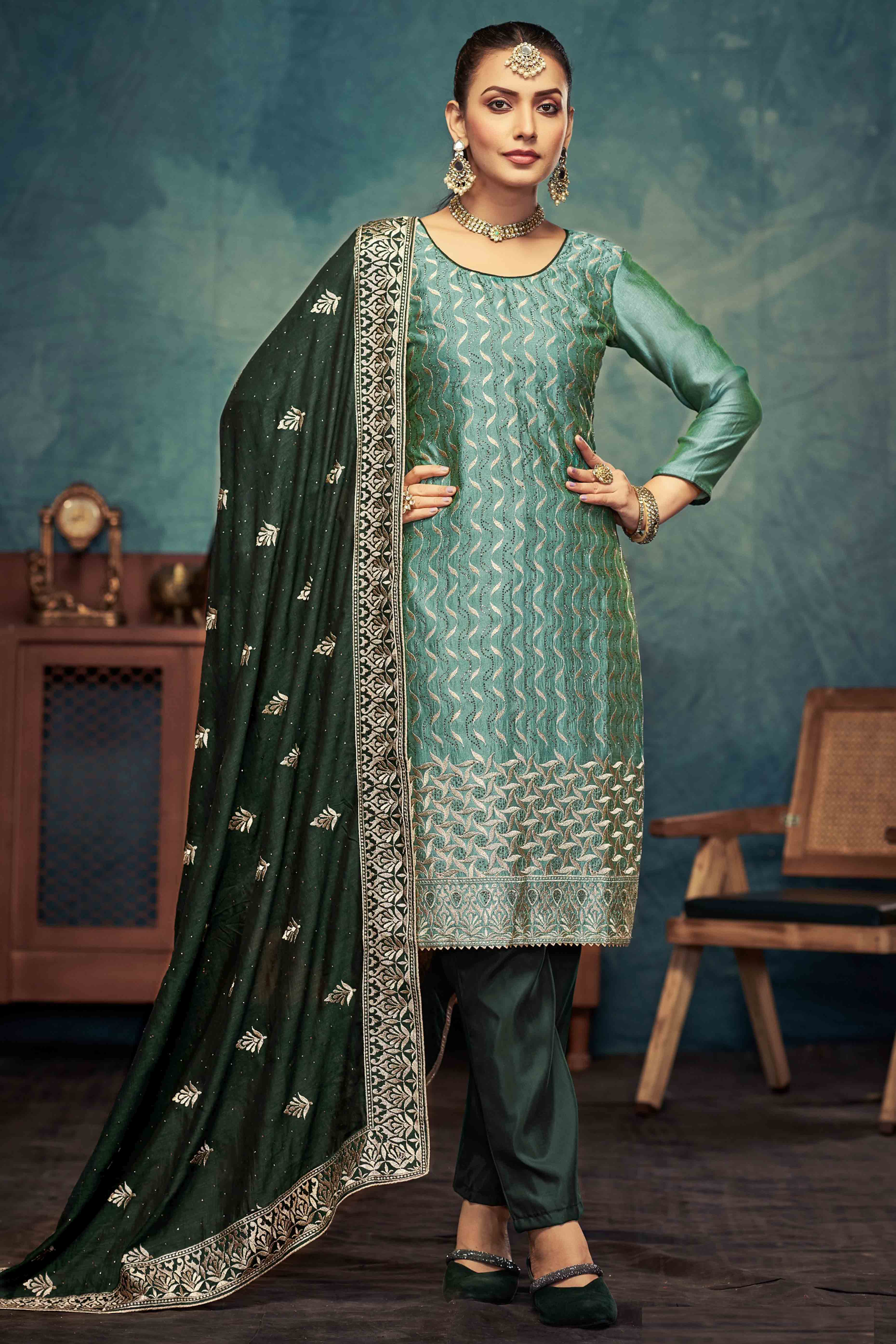 Green Embroidery With Swarovski Work Vichitra Silk Semi Stitched Suit