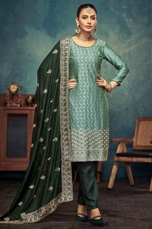 Green Embroidery With Swarovski Work Vichitra Silk Semi Stitched Suit