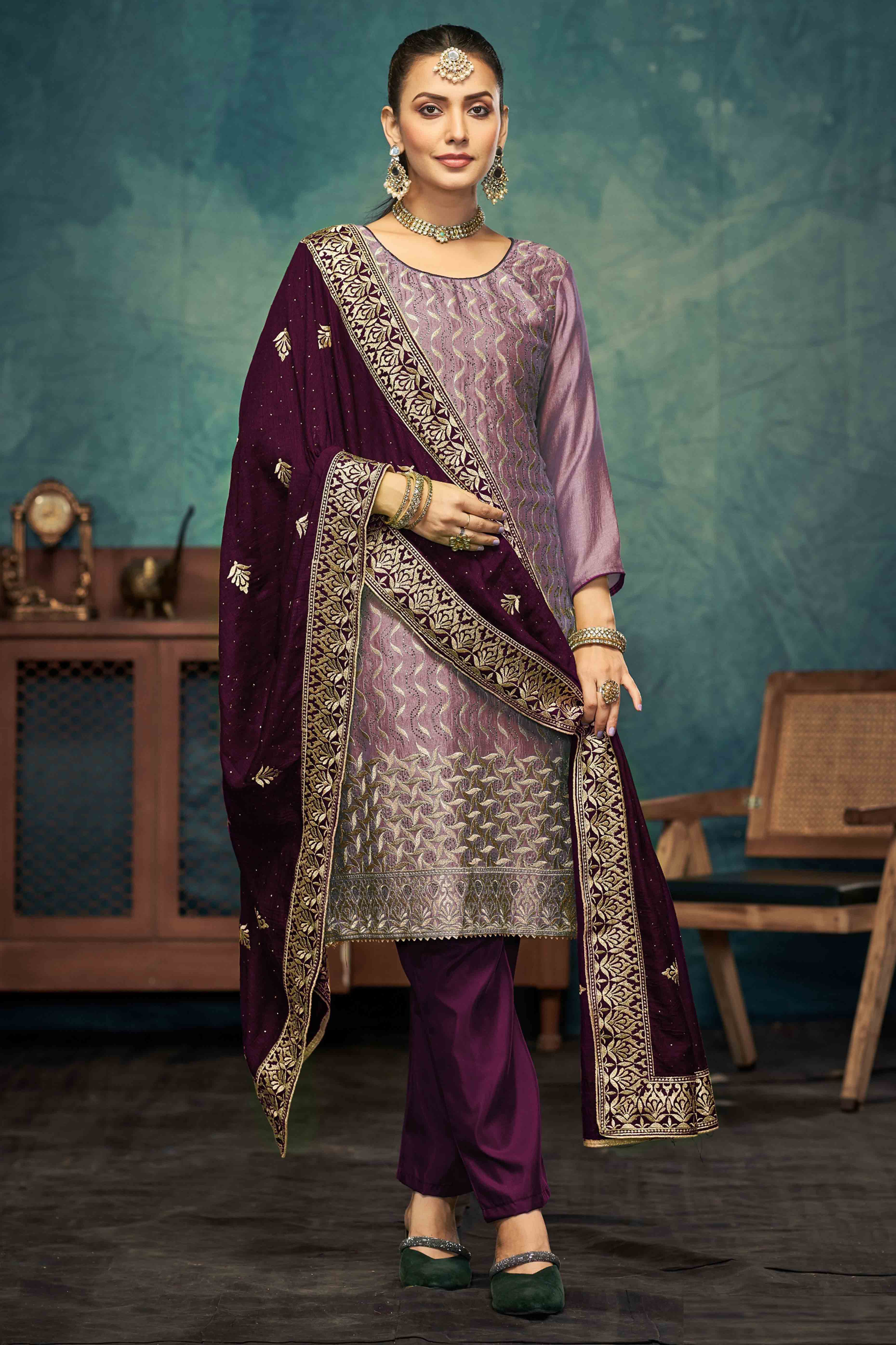 Purple Embroidery With Swarovski Work Vichitra Silk Semi Stitched Suit