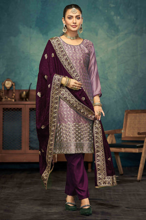 Purple Embroidery With Swarovski Work Vichitra Silk Semi Stitched Suit