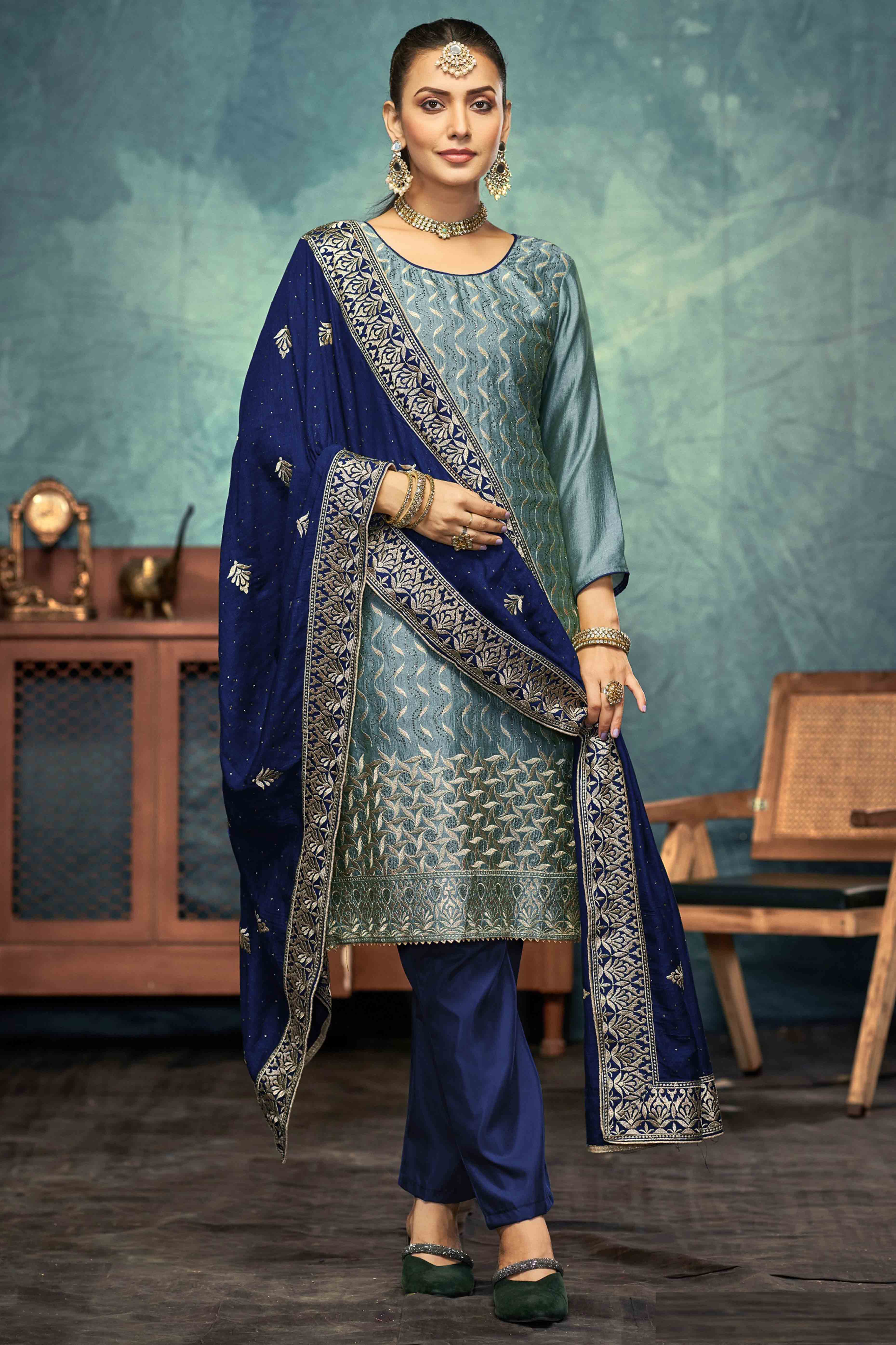 Blue Embroidery With Swarovski Work Vichitra Silk Semi Stitched Suit