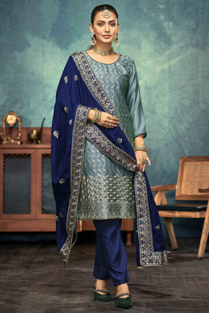 Blue Embroidery With Swarovski Work Vichitra Silk Semi Stitched Suit