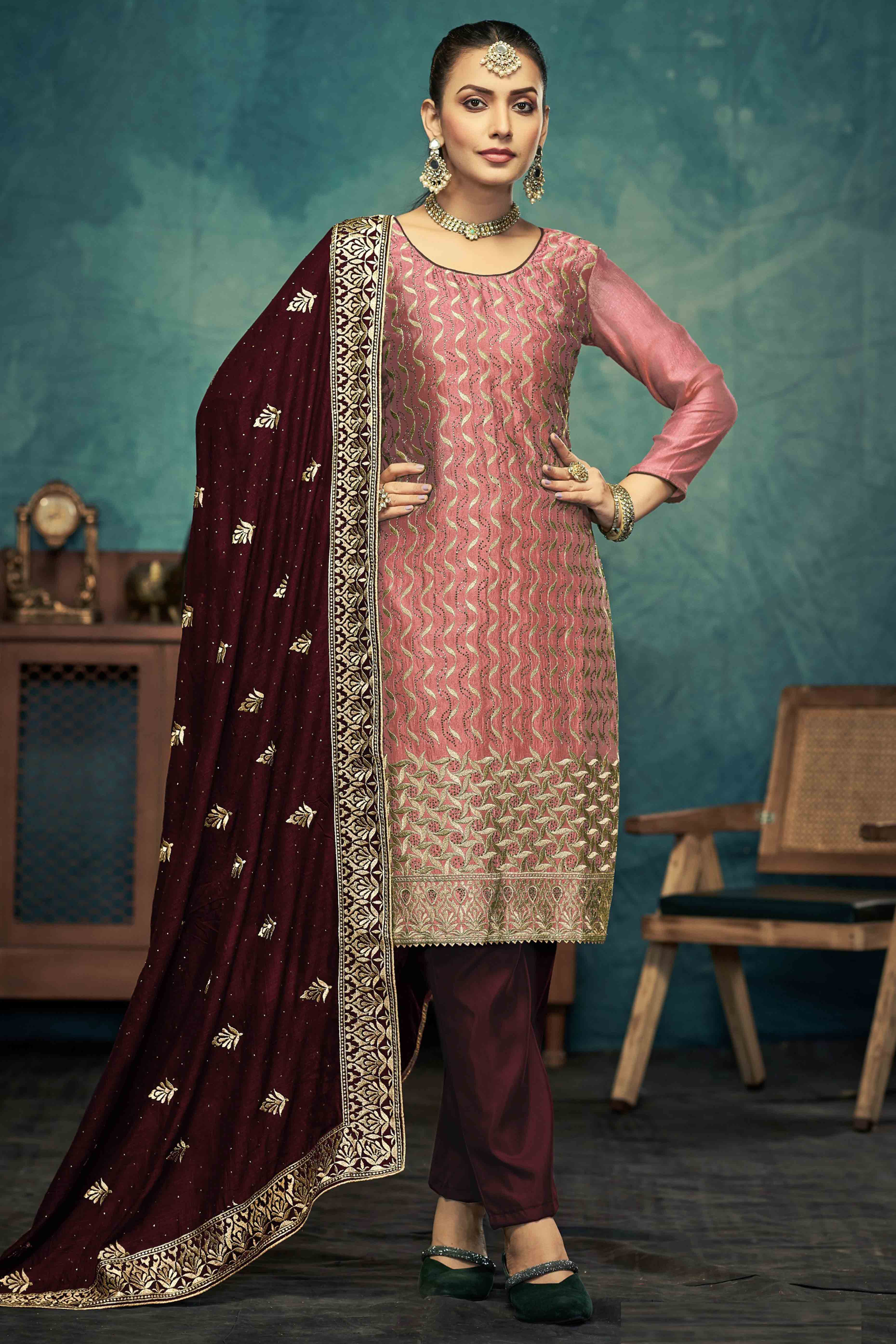 Rust Embroidery With Swarovski Work Vichitra Silk Semi Stitched Suit