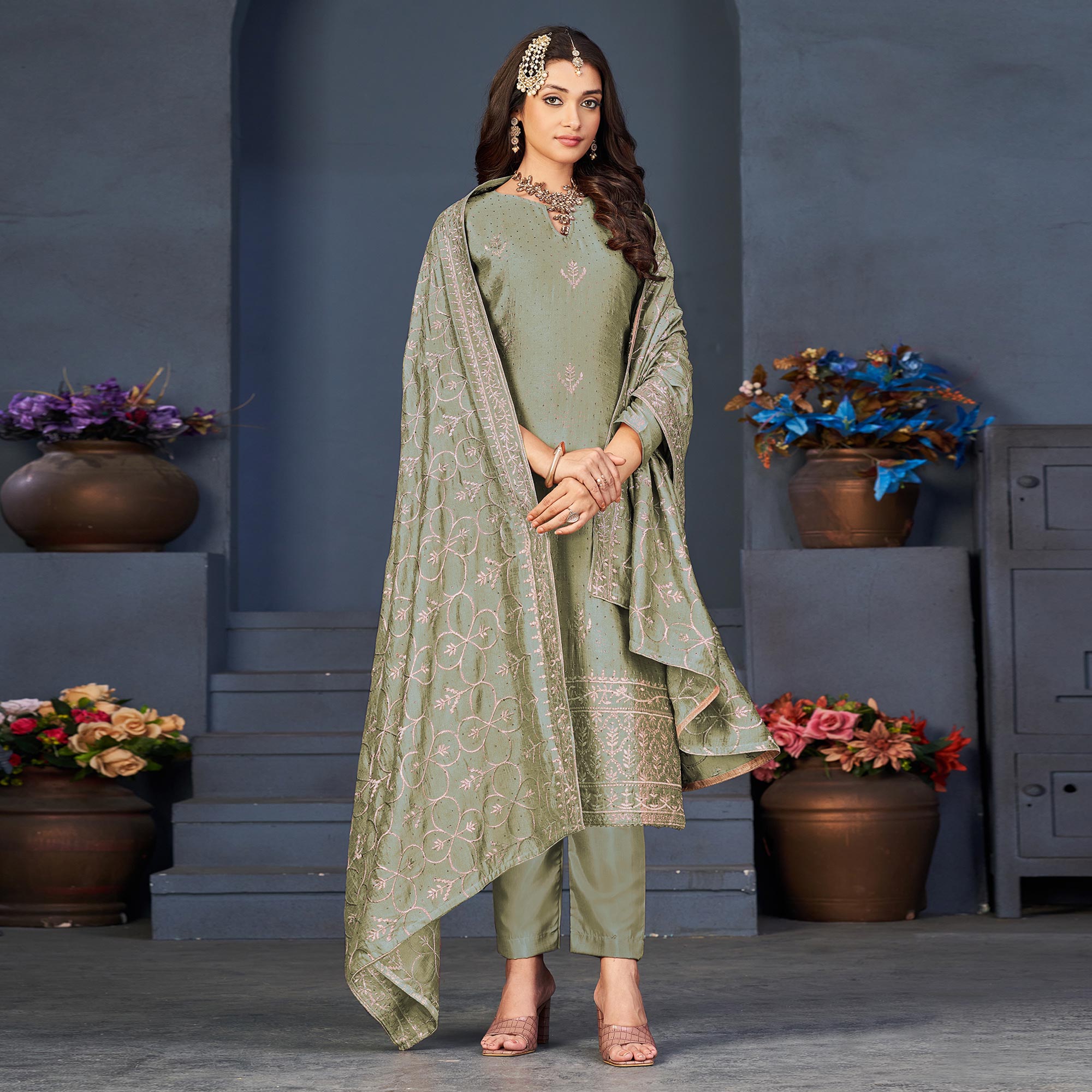 Green Embroidered With Swarovski Work Art Silk Semi Stitched Salwar Suit