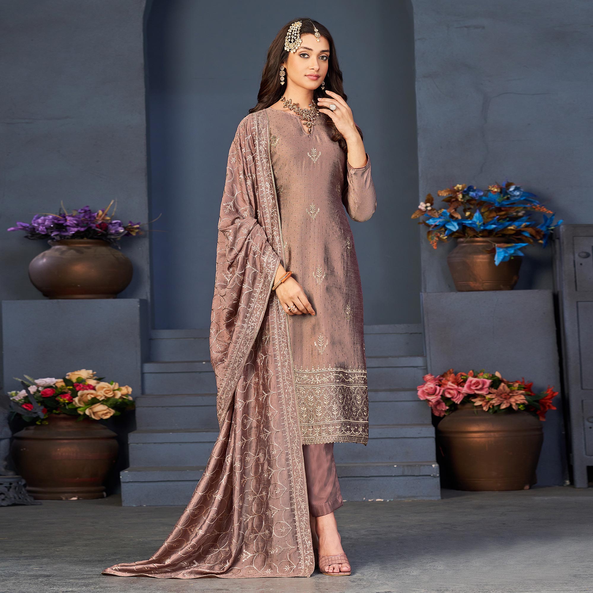 Peach Embroidered With Swarovski Work Art Silk Semi Stitched Salwar Suit