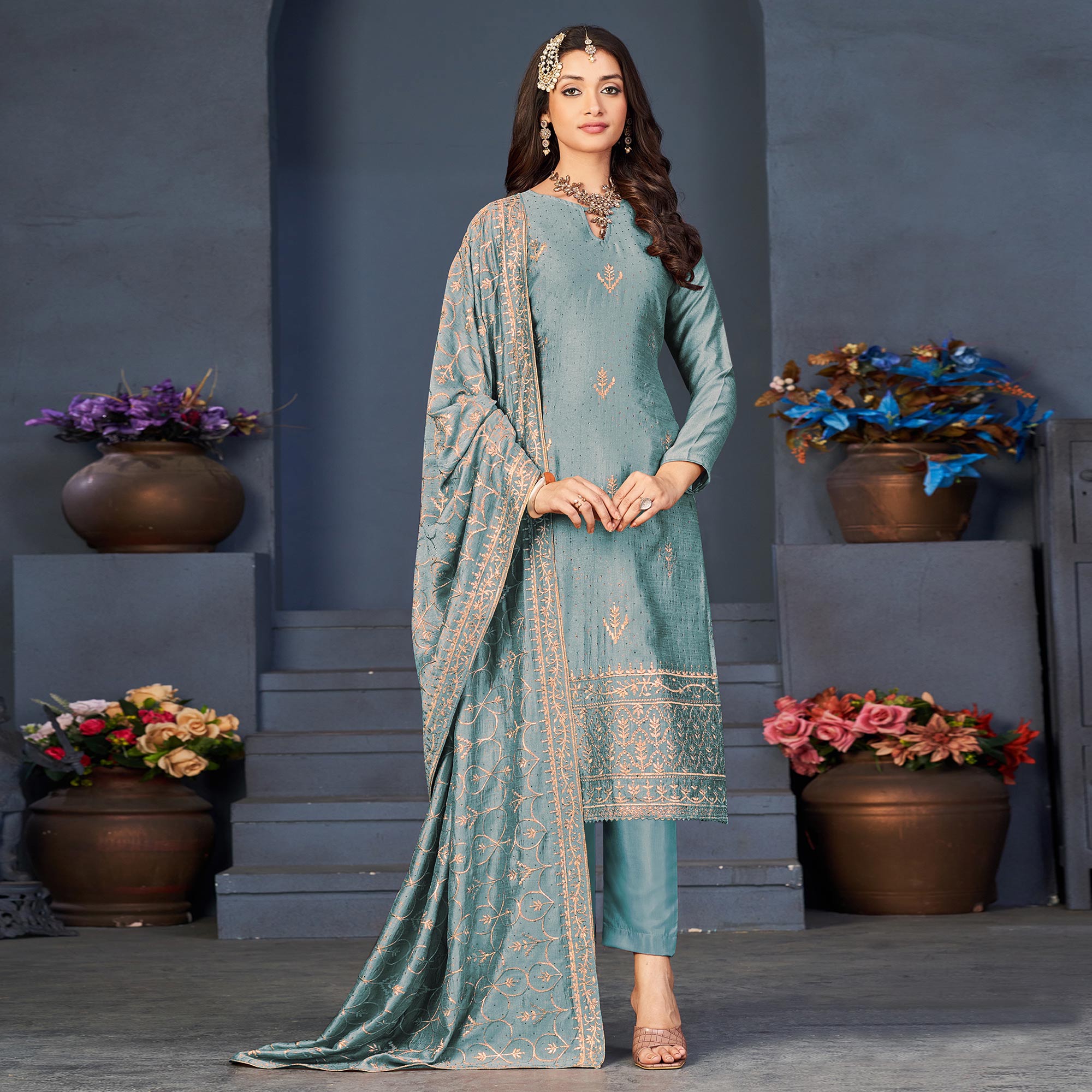Blue Embroidered With Swarovski Work Art Silk Semi Stitched Salwar Suit