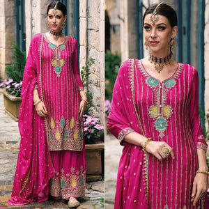 Pink Embroidered Chinon Semi Stitched Palazzo Suit