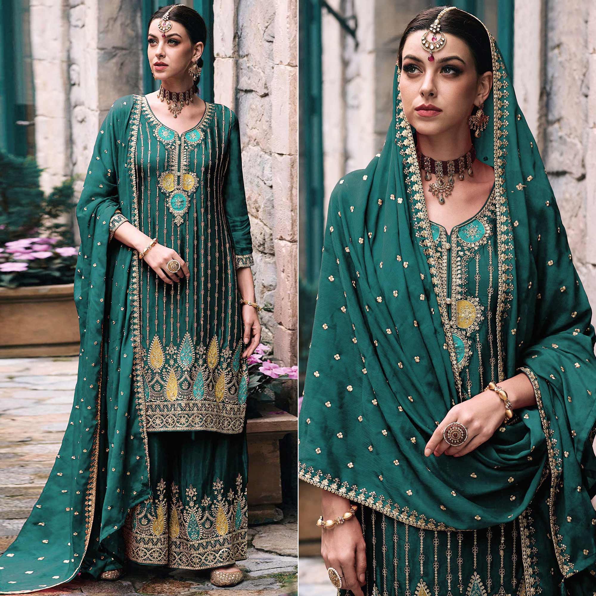 Green Embroidered Chinon Semi Stitched Palazzo Suit