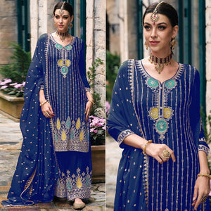 Blue Embroidered Chinon Semi Stitched Palazzo Suit