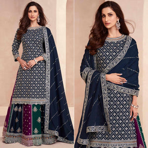 Navy Blue Embroidered Chinon Semi Stitched Sharara Suit
