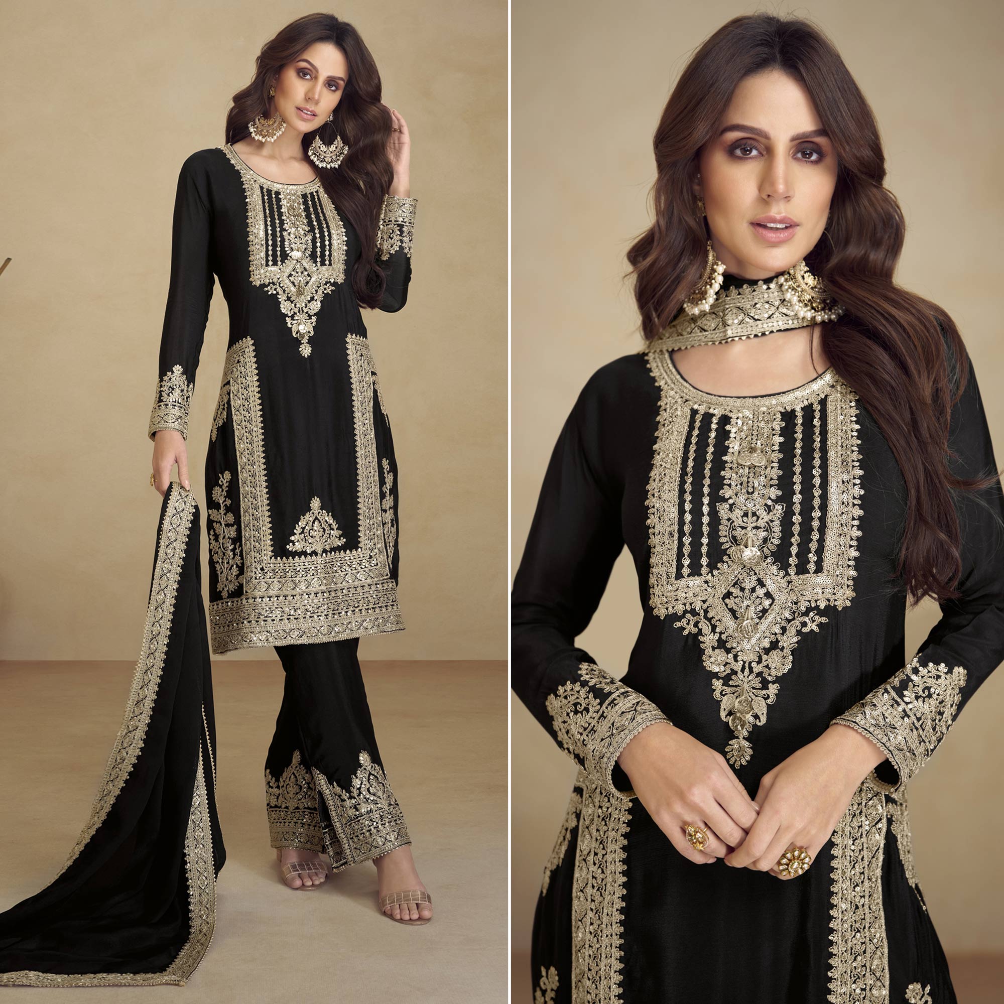 Black Floral Sequins Embroidered Georgette Semi Stitched Salwar Suit