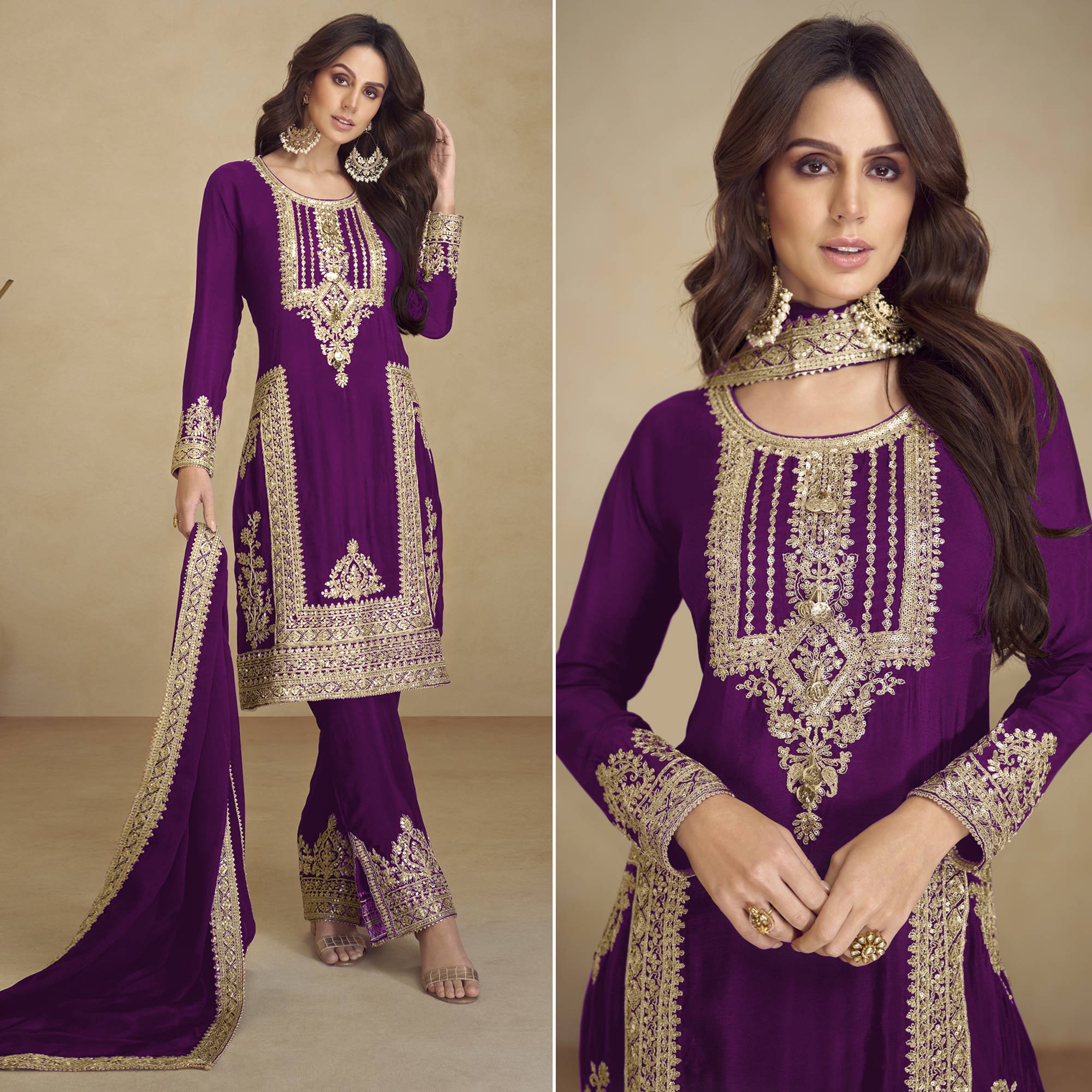 Purple Floral Sequins Embroidered Georgette Semi Stitched Salwar Suit