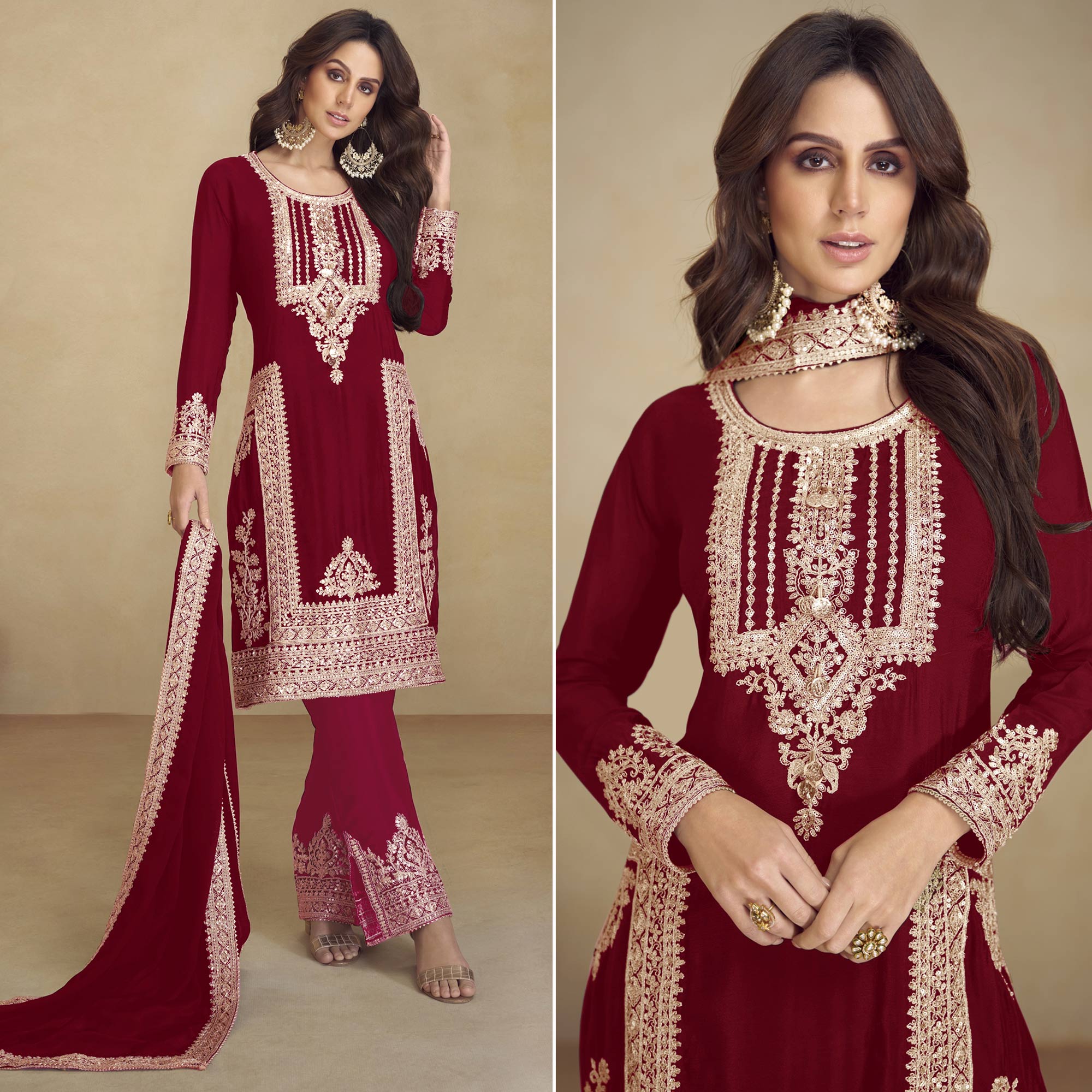 Maroon Floral Sequins Embroidered Georgette Semi Stitched Salwar Suit