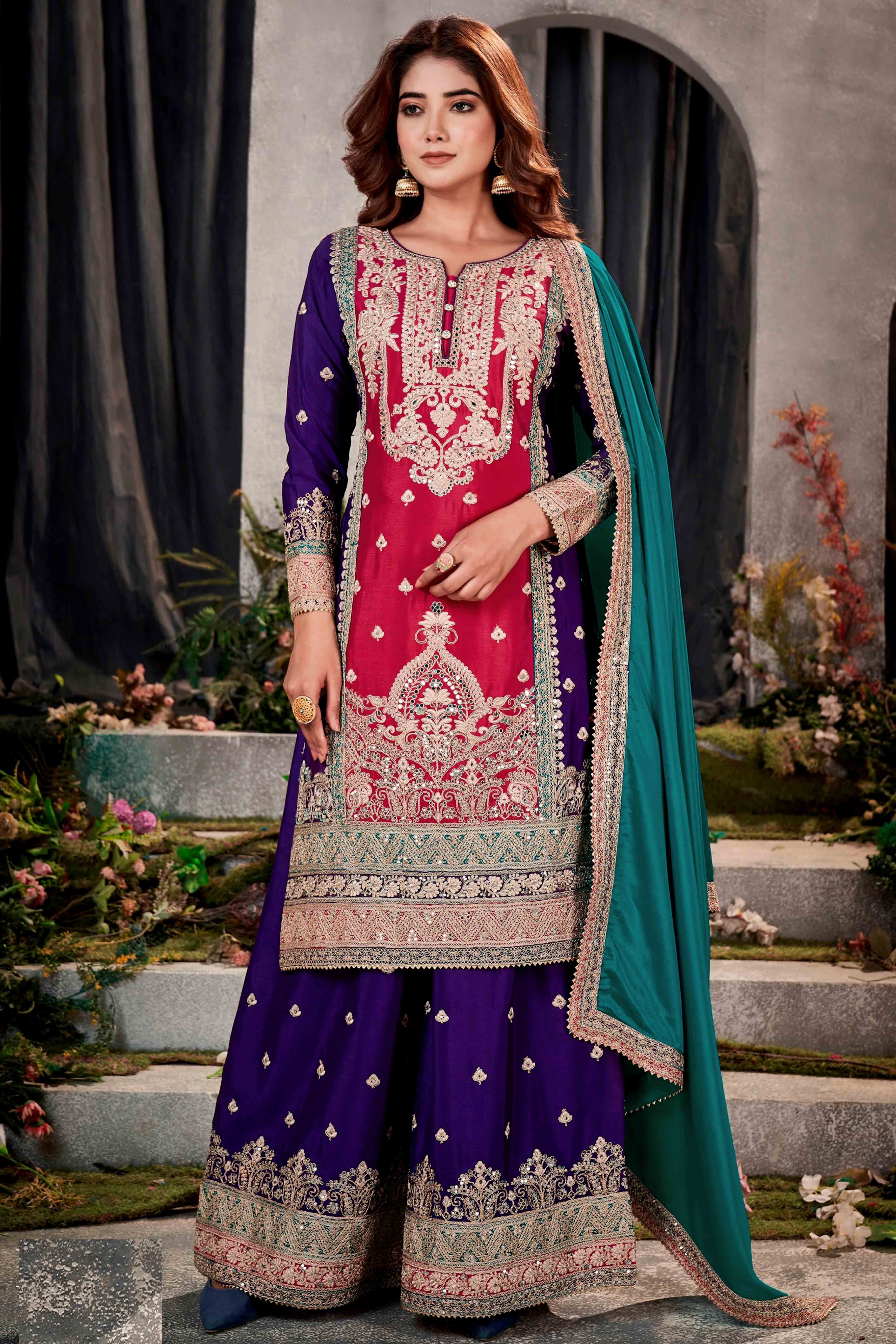 Purple & Pink Floral Sequins Embroidered Chinon Silk Semi Stitched Palazzo Suit