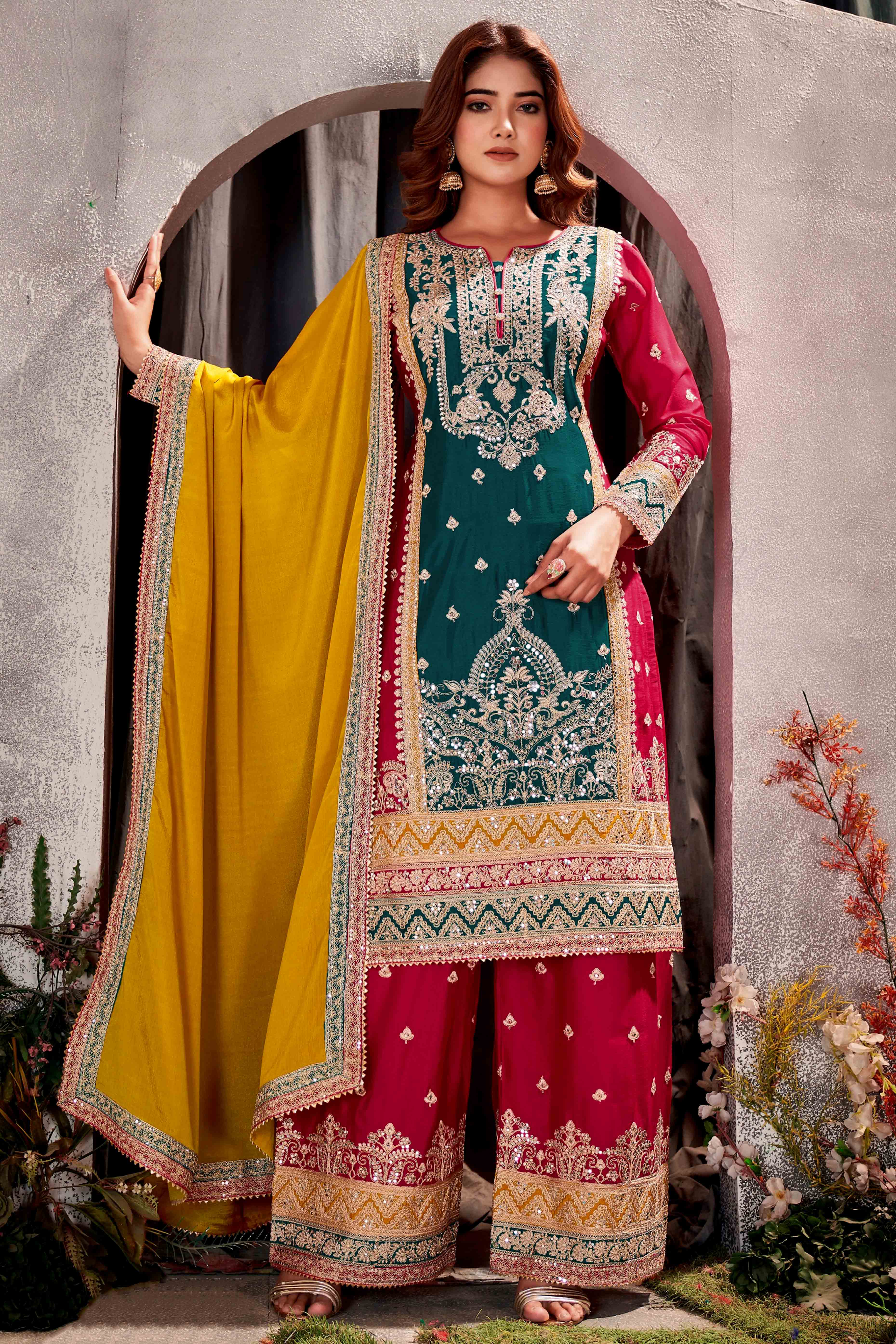 Cherry Red & Teal Green Floral Sequins Embroidered Chinon Silk Semi Stitched Palazzo Suit