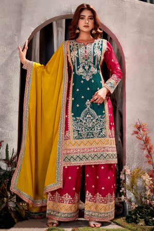 Cherry Red & Teal Green Floral Sequins Embroidered Chinon Silk Semi Stitched Palazzo Suit