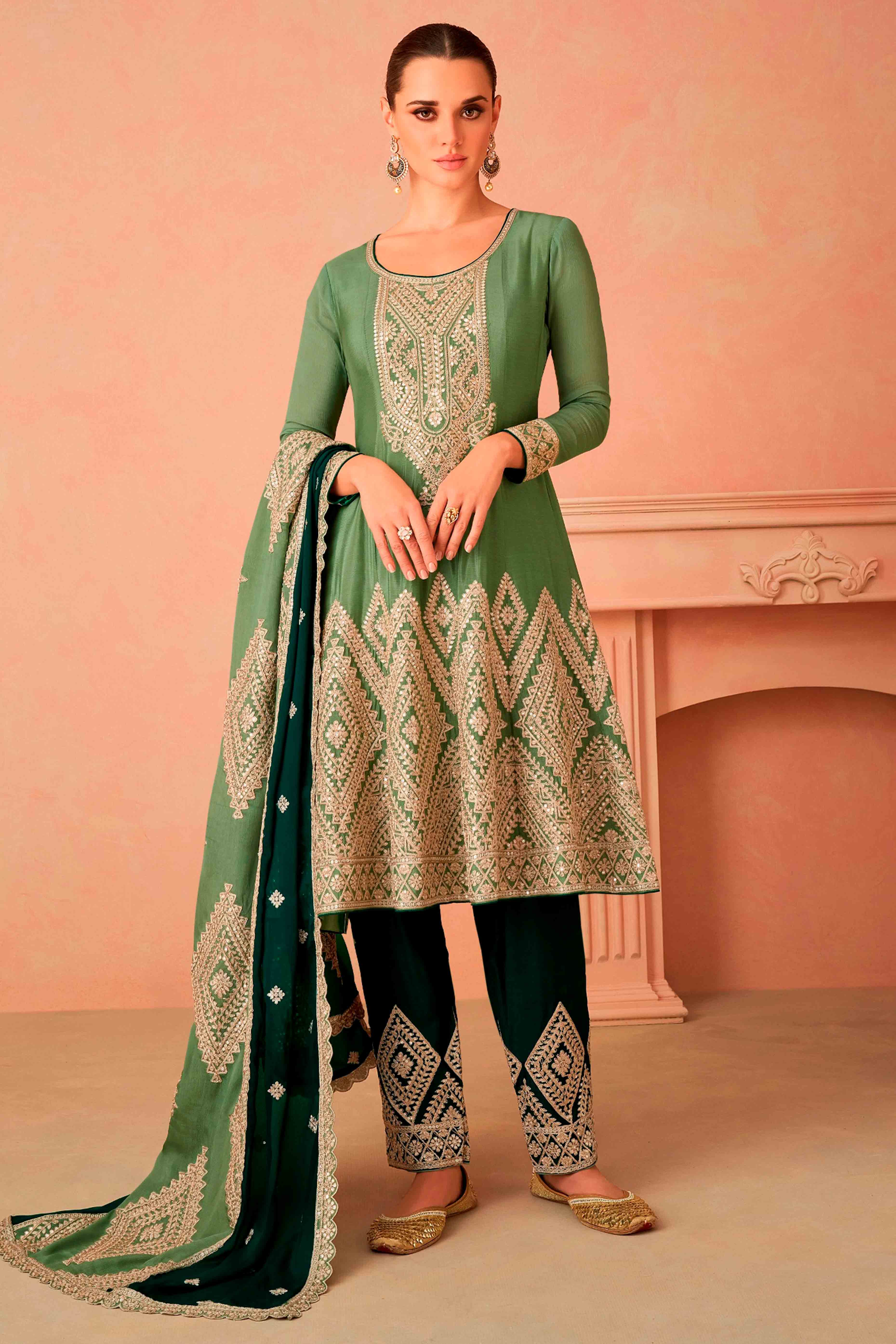 Green Floral Sequins Embroidered Chinon Suit