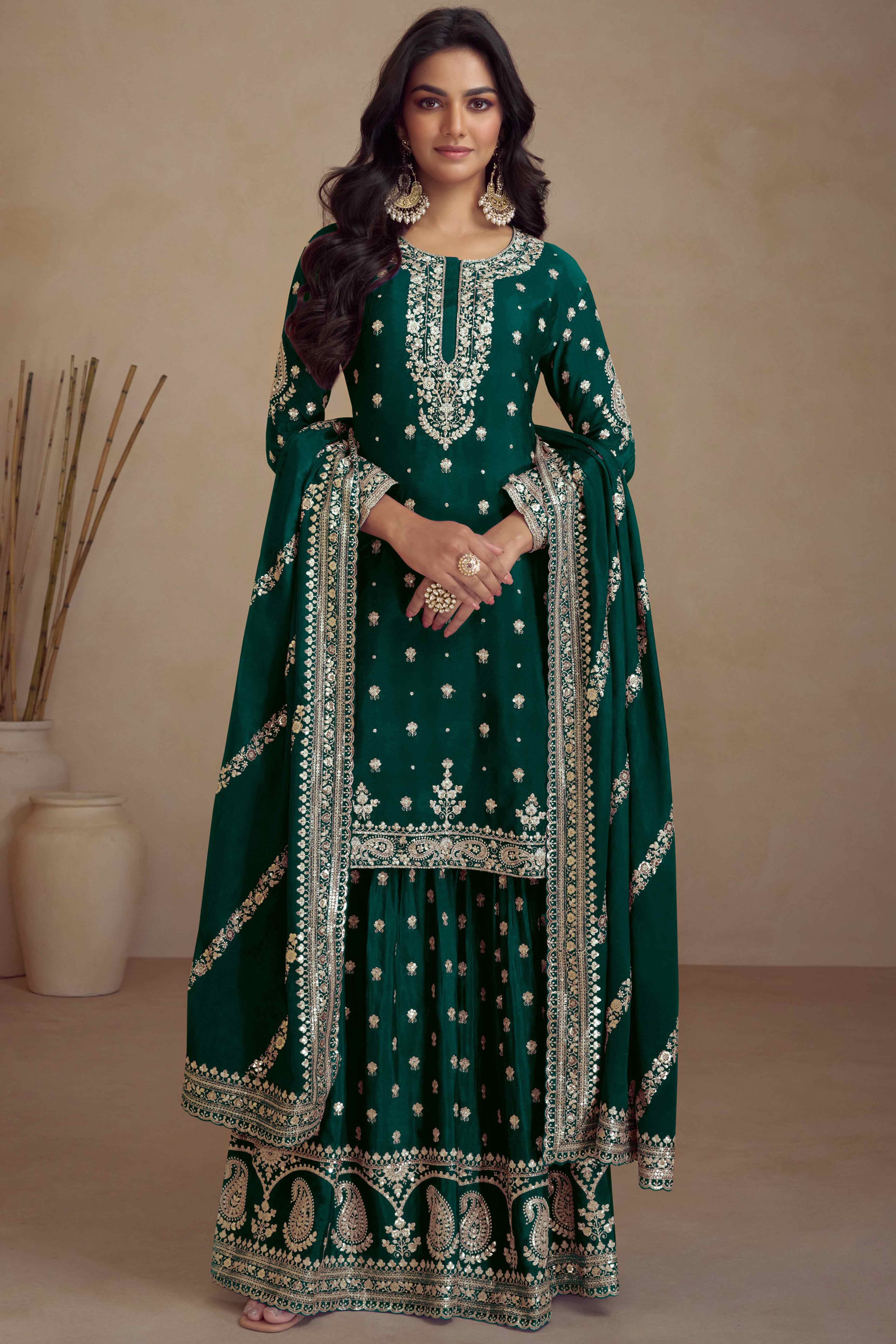 Green Floral Sequins Embroidered Satin Silk Semi Stitched Suit