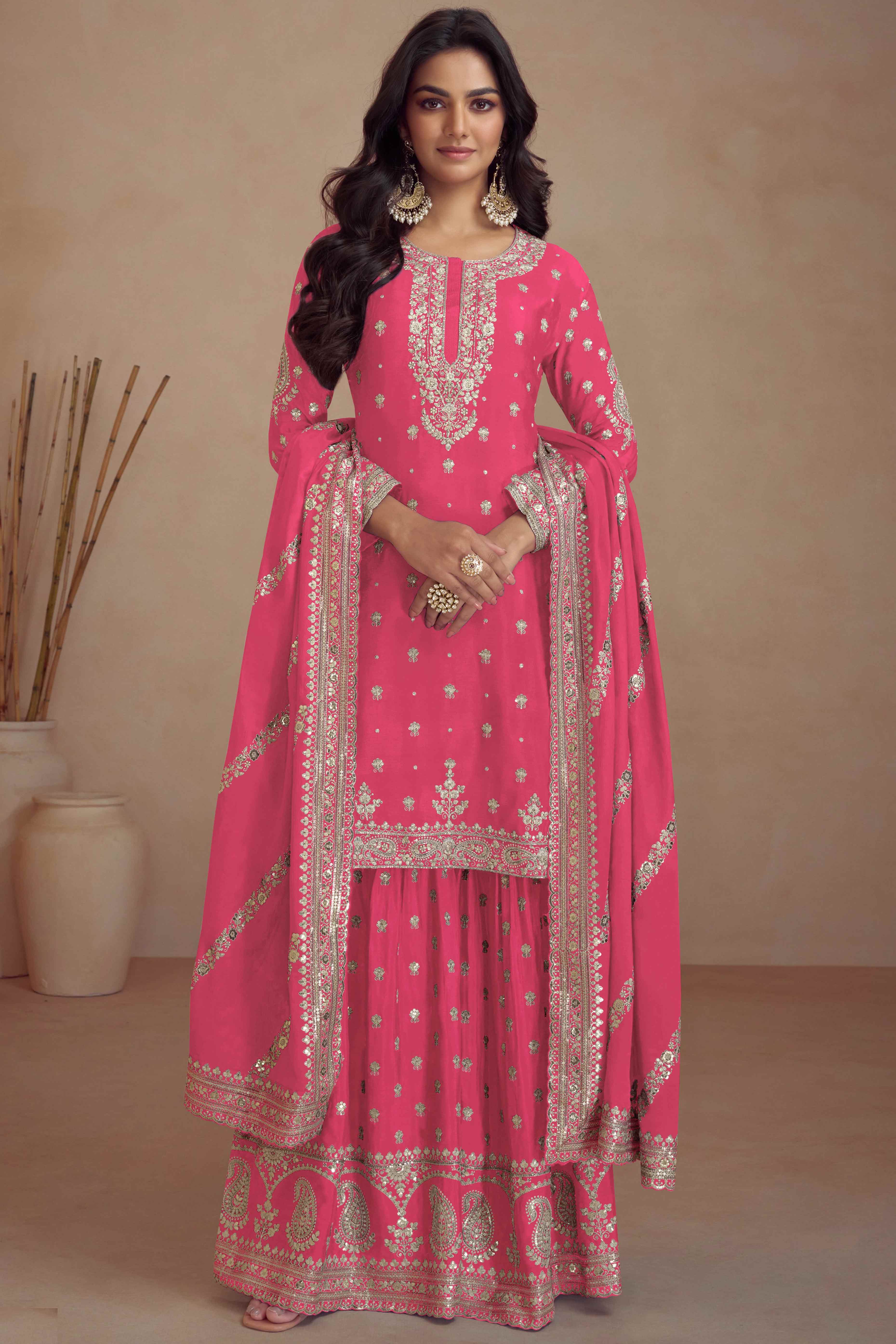 Pink Floral Sequins Embroidered Satin Silk Semi Stitched Suit