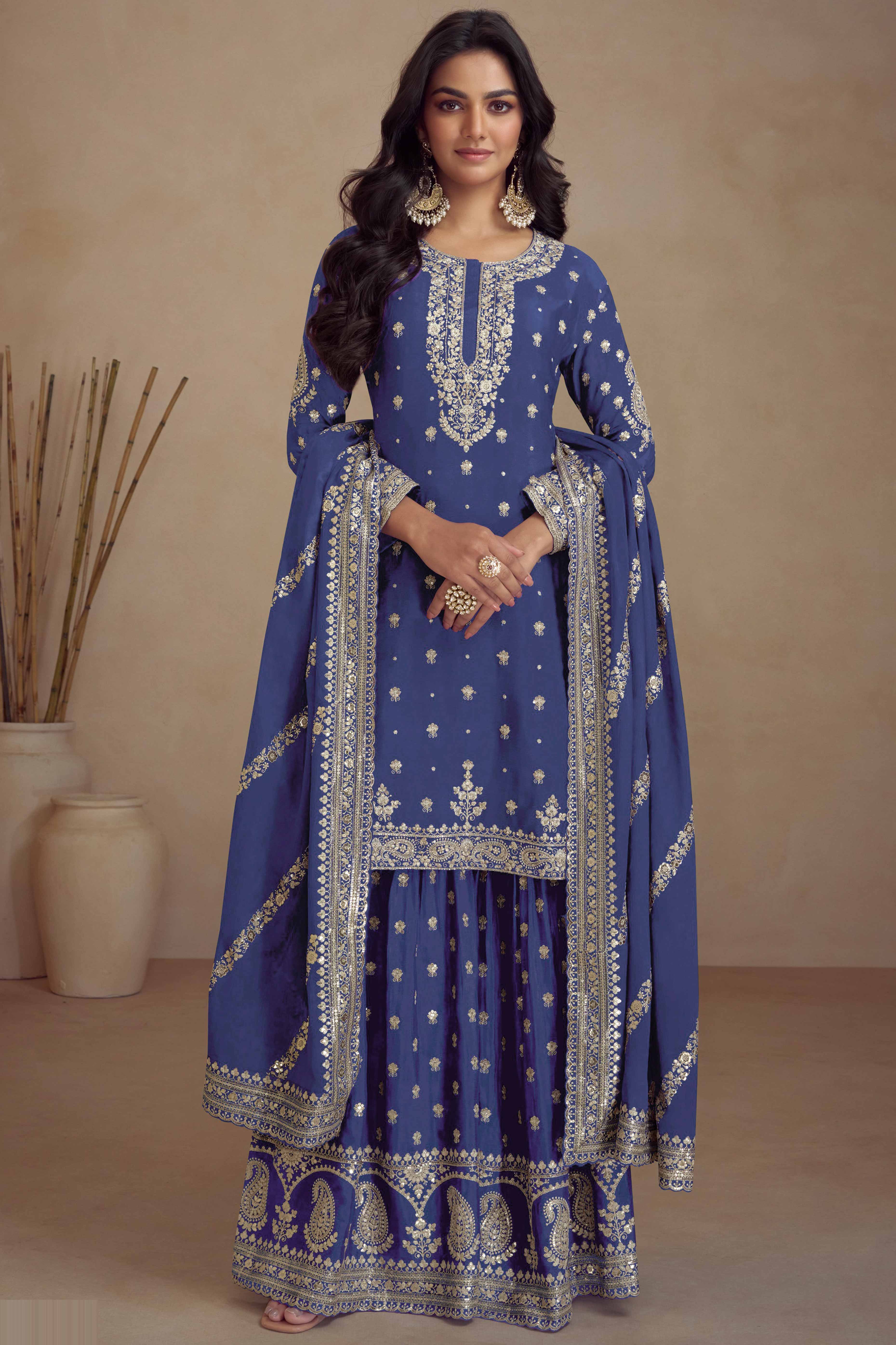 Blue Floral Sequins Embroidered Satin Silk Semi Stitched Suit