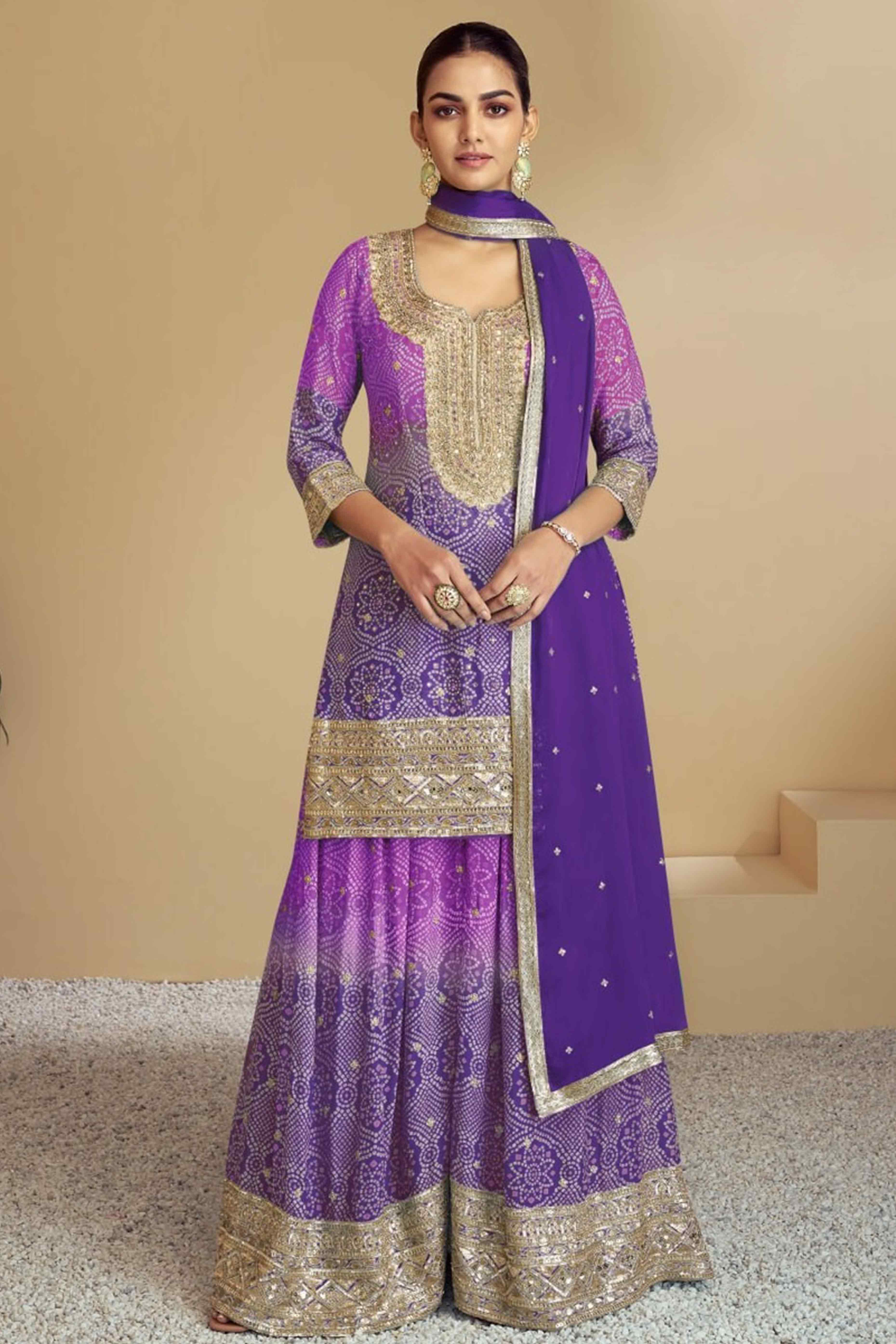 Purple Embroidered Chinon Palazzo Suit