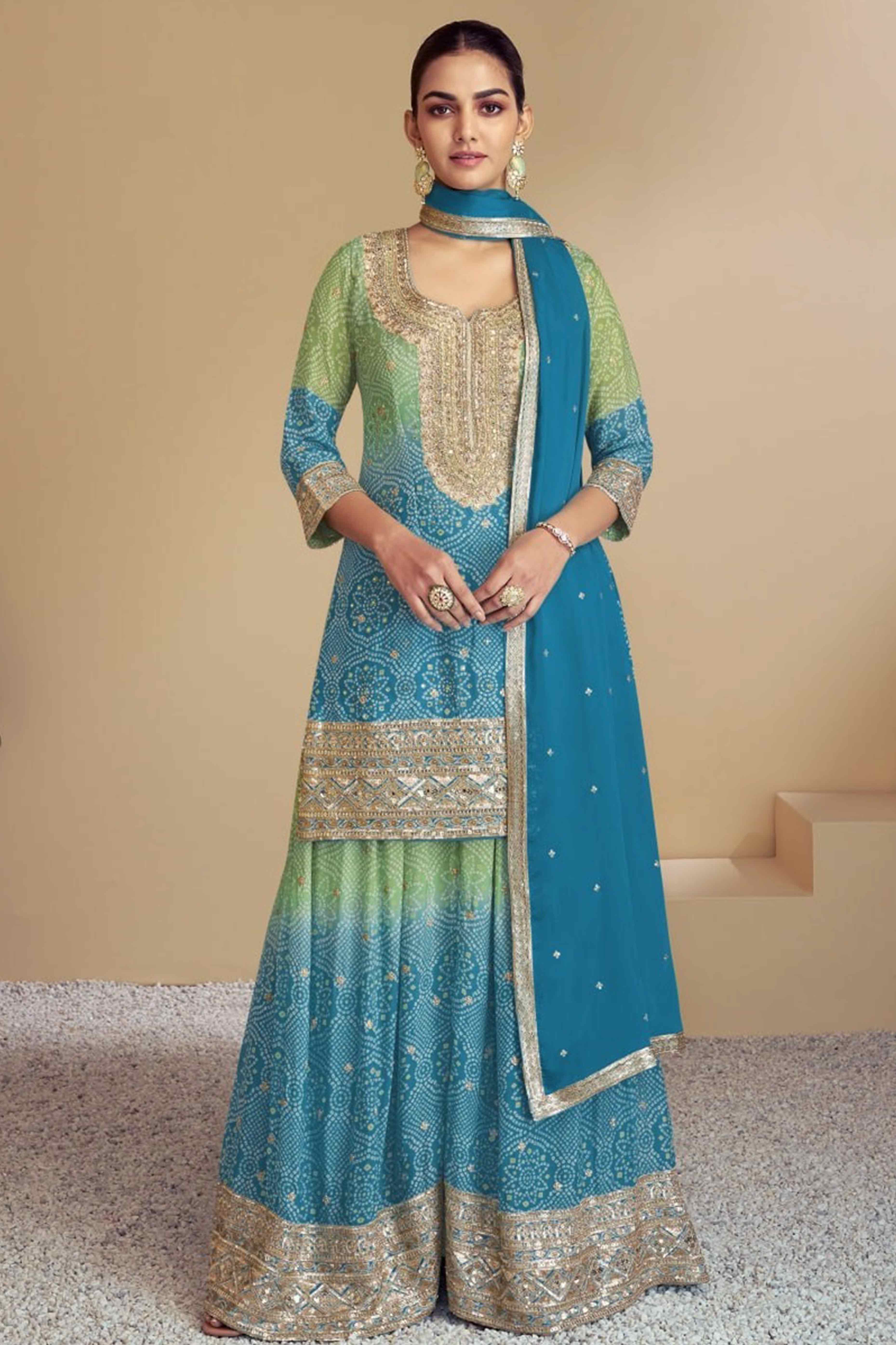Sky Blue Embroidered Chinon Palazzo Suit