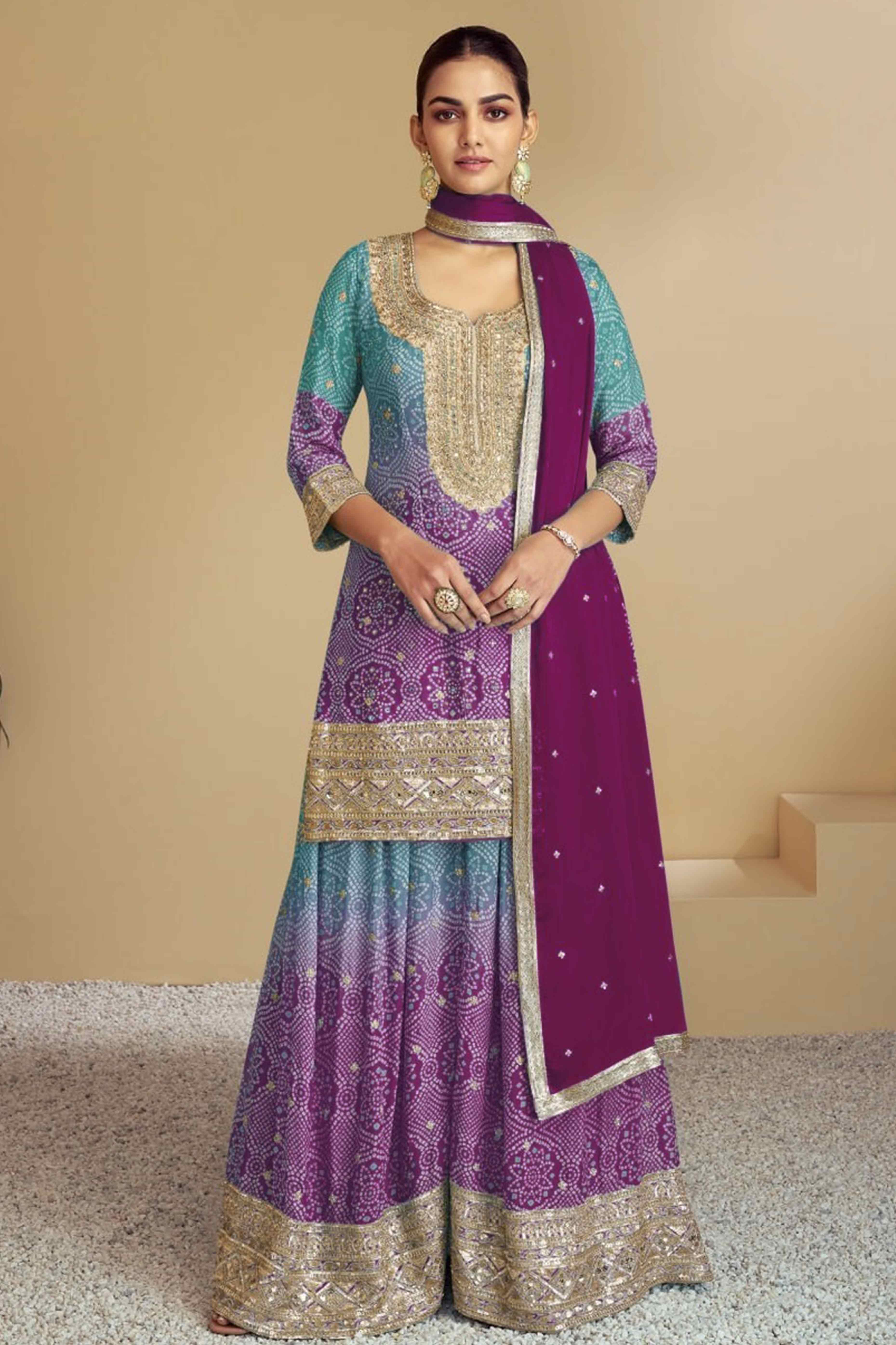 Magenta Embroidered Chinon Palazzo Suit