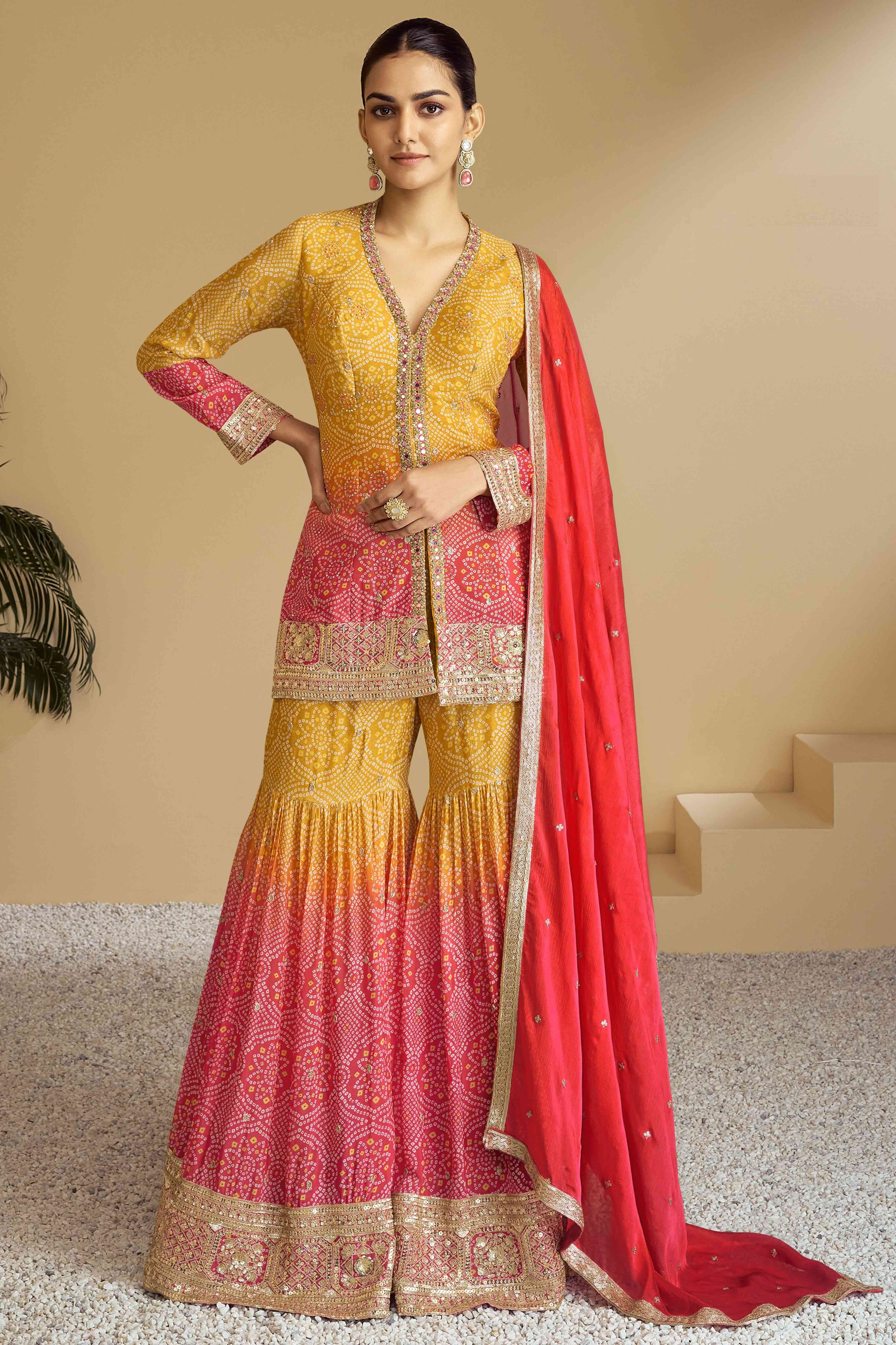 Yellow & Red Bandhani Print With Sequins Embroidered Chinon Palazzo Suit