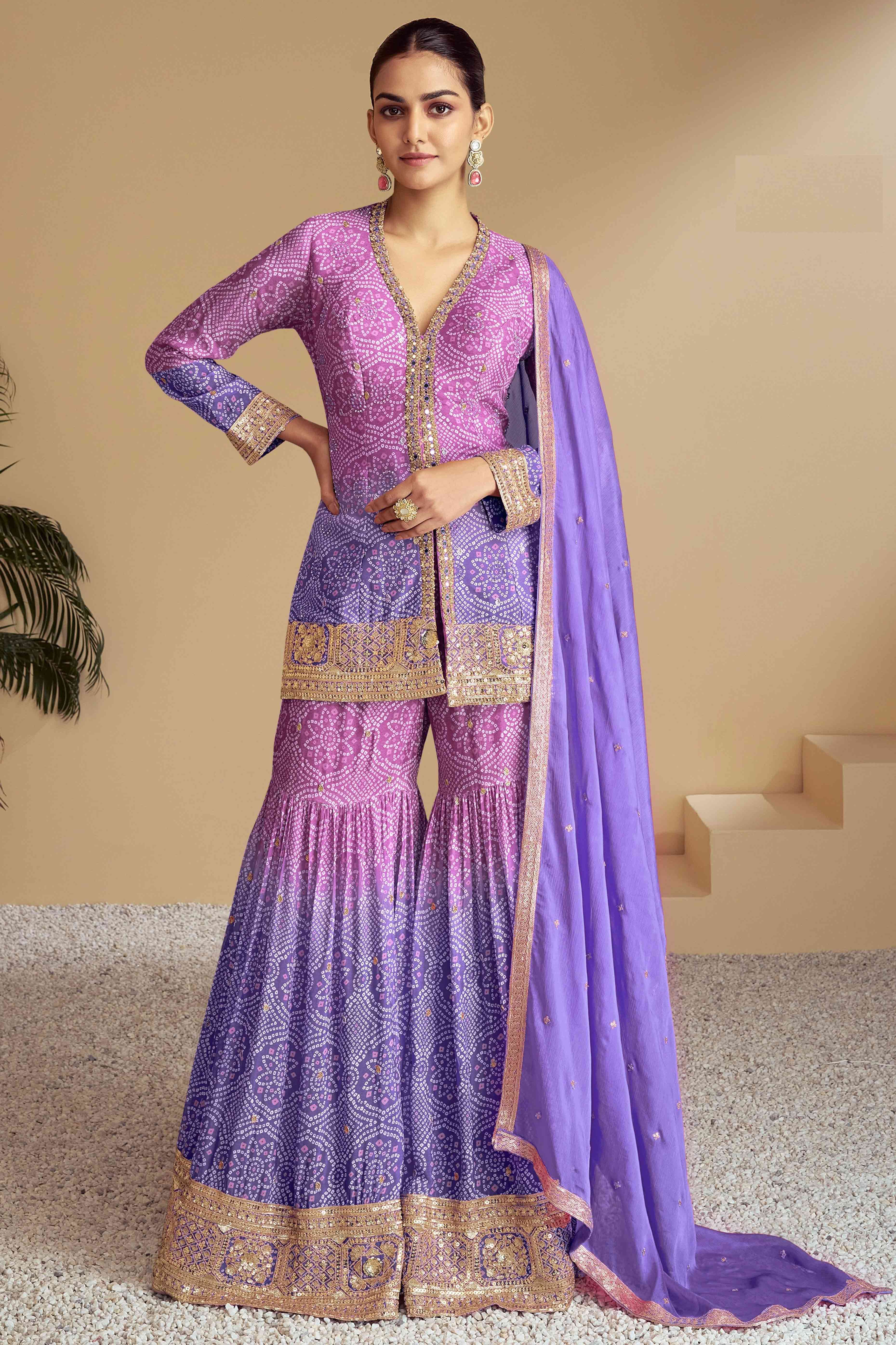 Purple & Lavender Bandhani Print With Sequins Embroidered Chinon Palazzo Suit