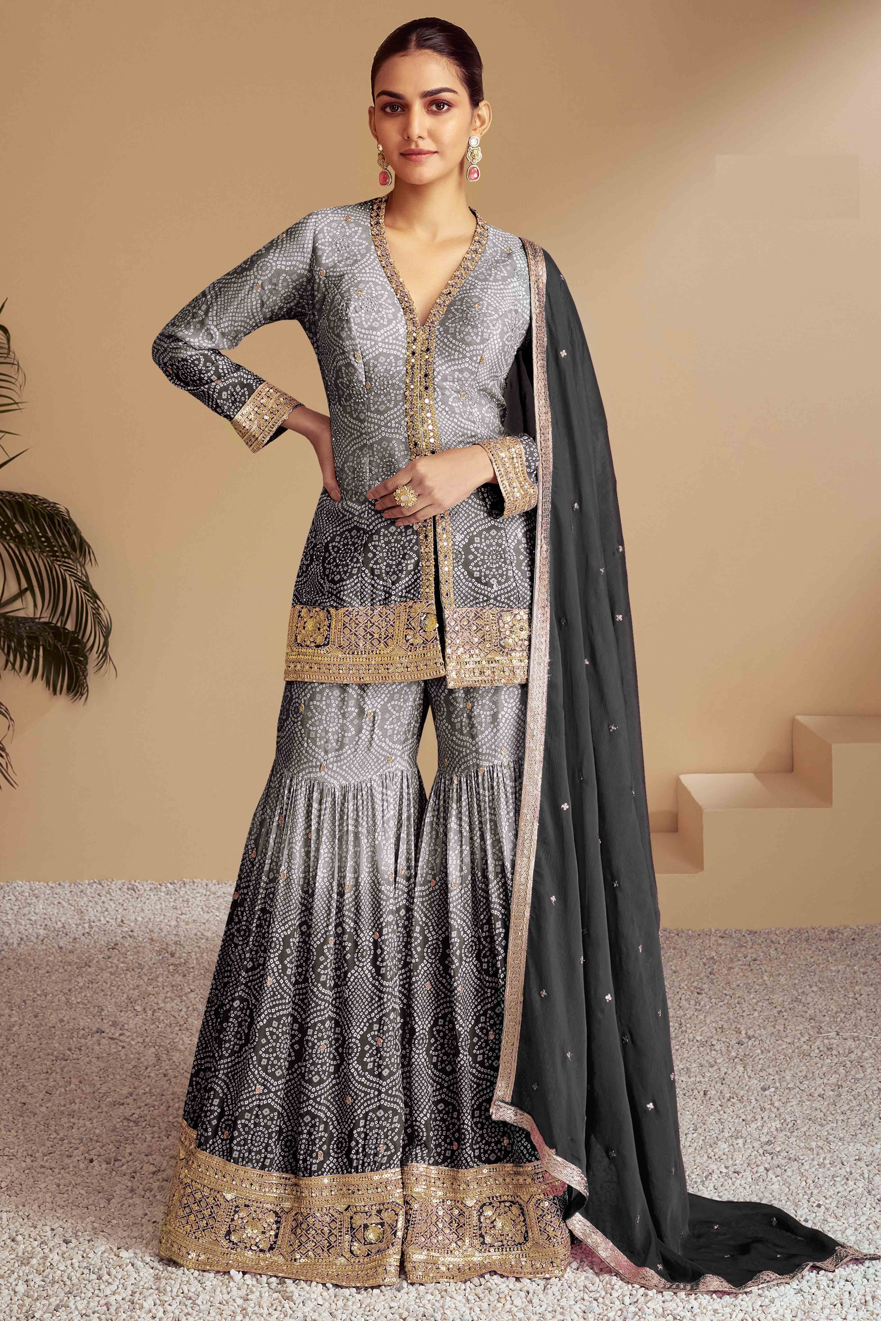 Grey & Black Bandhani Print With Sequins Embroidered Chinon Palazzo Suit