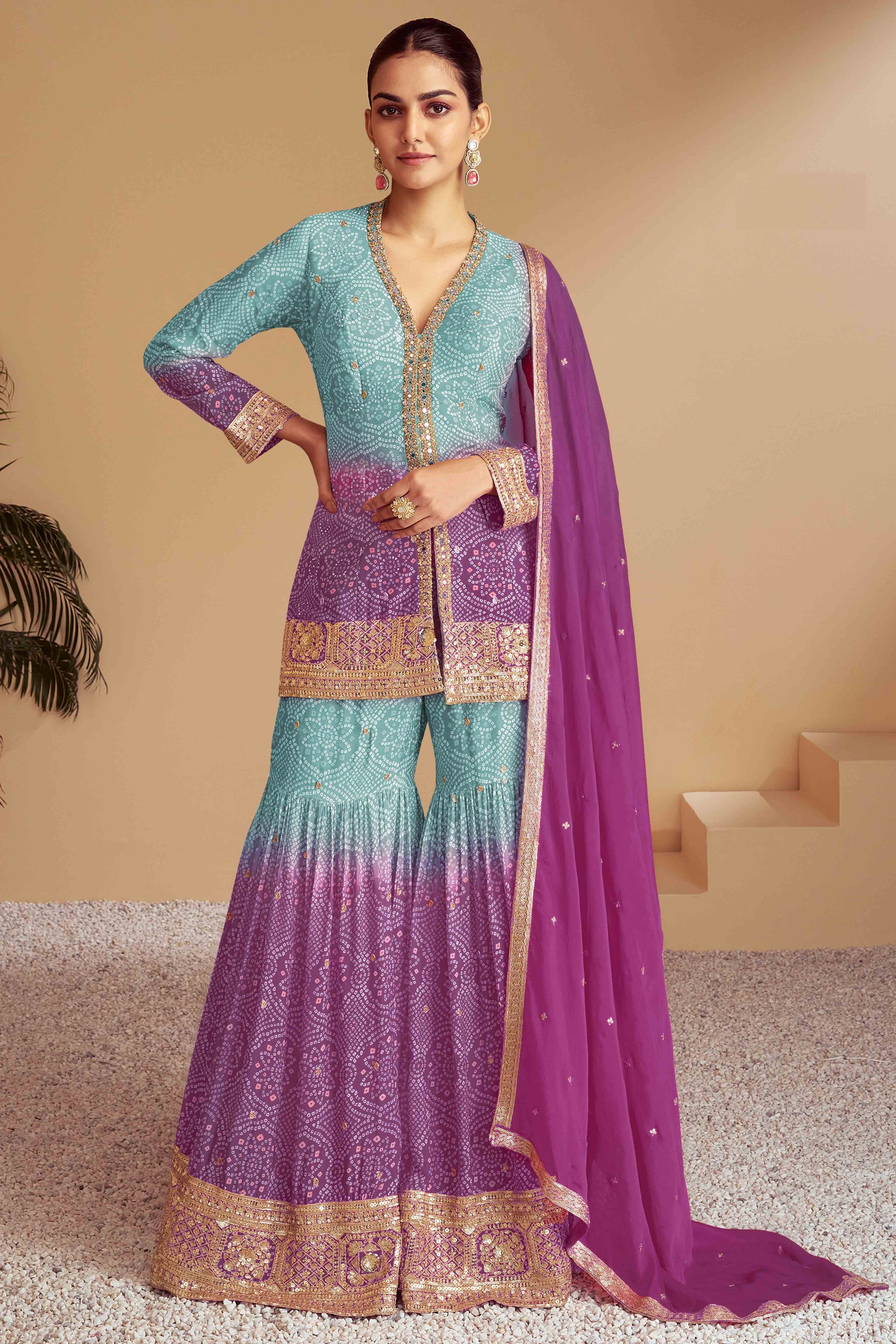 Blue & Purple Bandhani Print With Sequins Embroidered Chinon Palazzo Suit