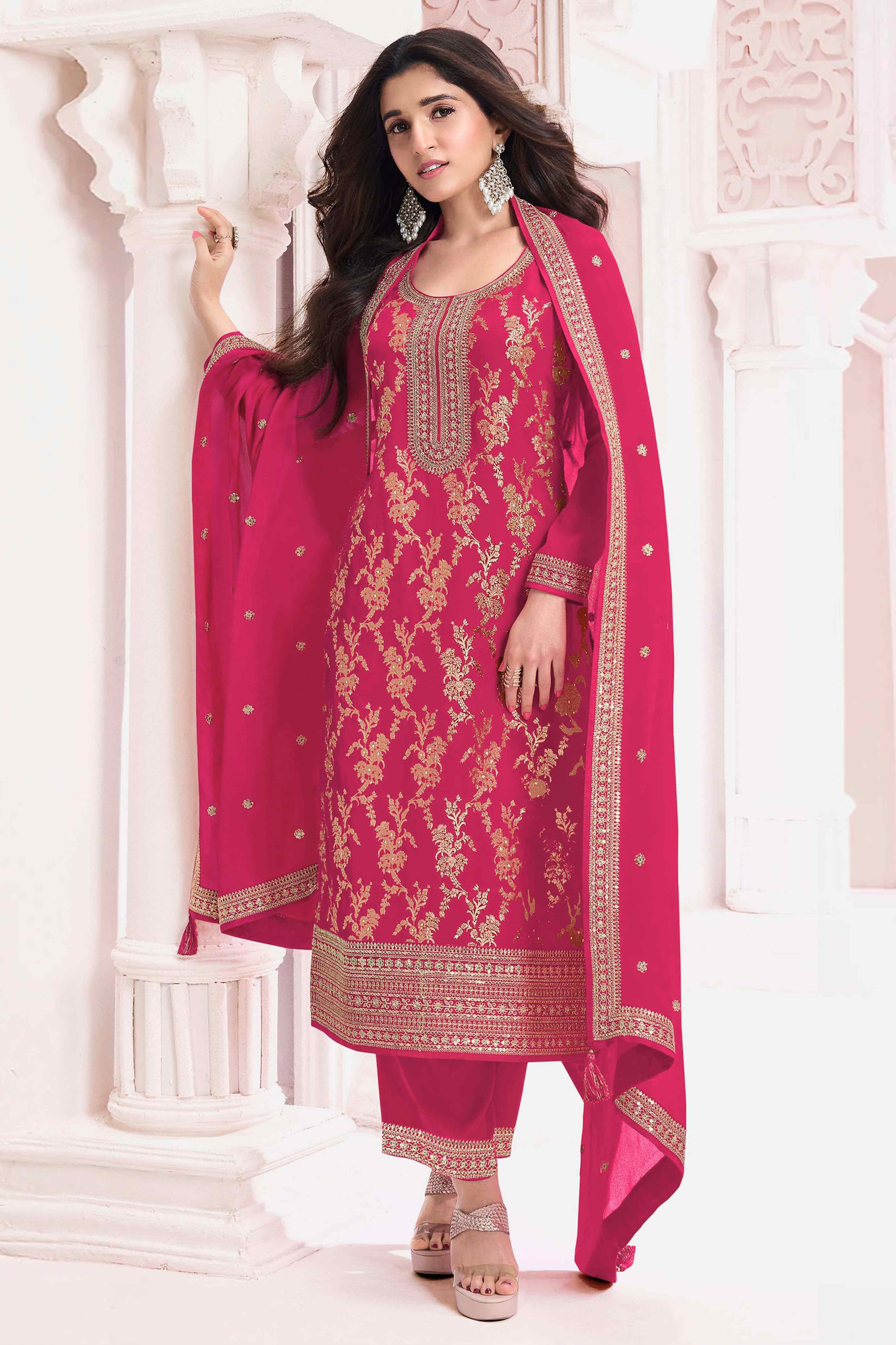 Pink Woven With Embroidered Jacquard Viscose Semi Stitched Salwar Suit