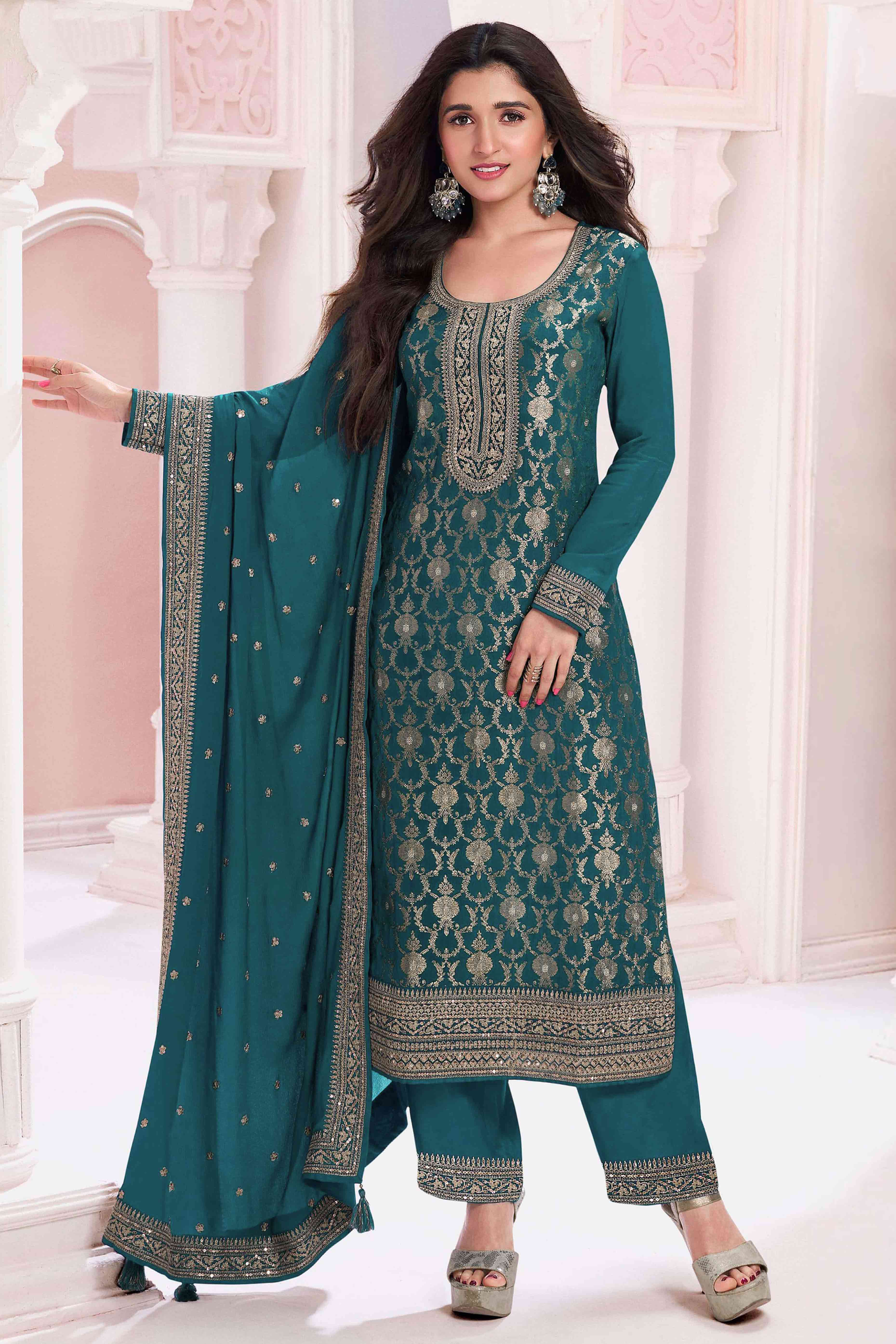 Teal Woven With Embroidered Jacquard Viscose Semi Stitched Salwar Suit